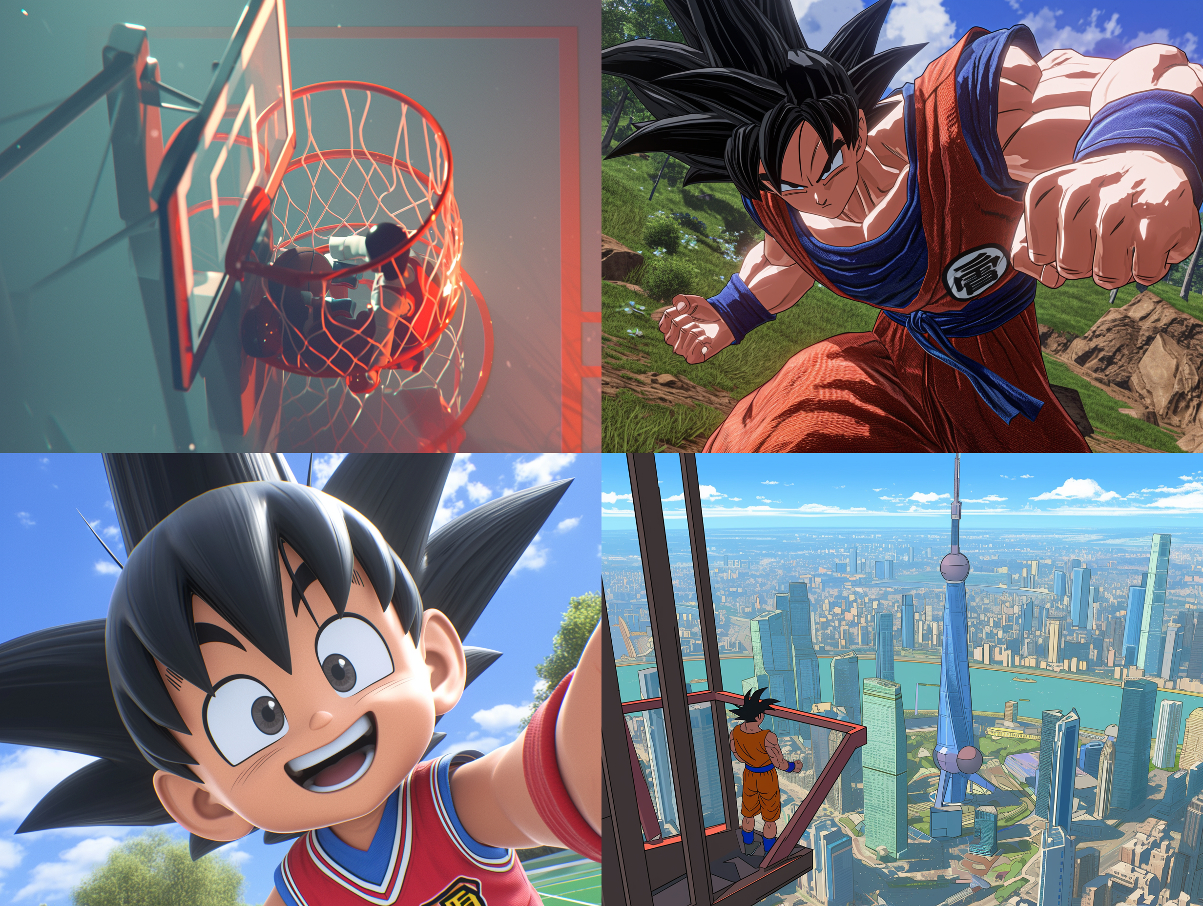prompt: full body,3d concept. dragonball z kid goku, dunking, basketball court made in glossy rubber, low - angle, blue sky, visual impact. unreal engine 5 rendering, skin subsurface scattering, high sampling, high pixel count, extreme facial detail, aaa. cinematic lighting, commercial post production, glossy finish, cinematic lighting, screen space gl, ray tracing gi diffuse reflection, luminescence, shadows, roughness, ray tracing reflection, lumen reflection, akira toriyama style, shutter speed 1/ 1000, , 32k f/ 22, 32k, super resolution