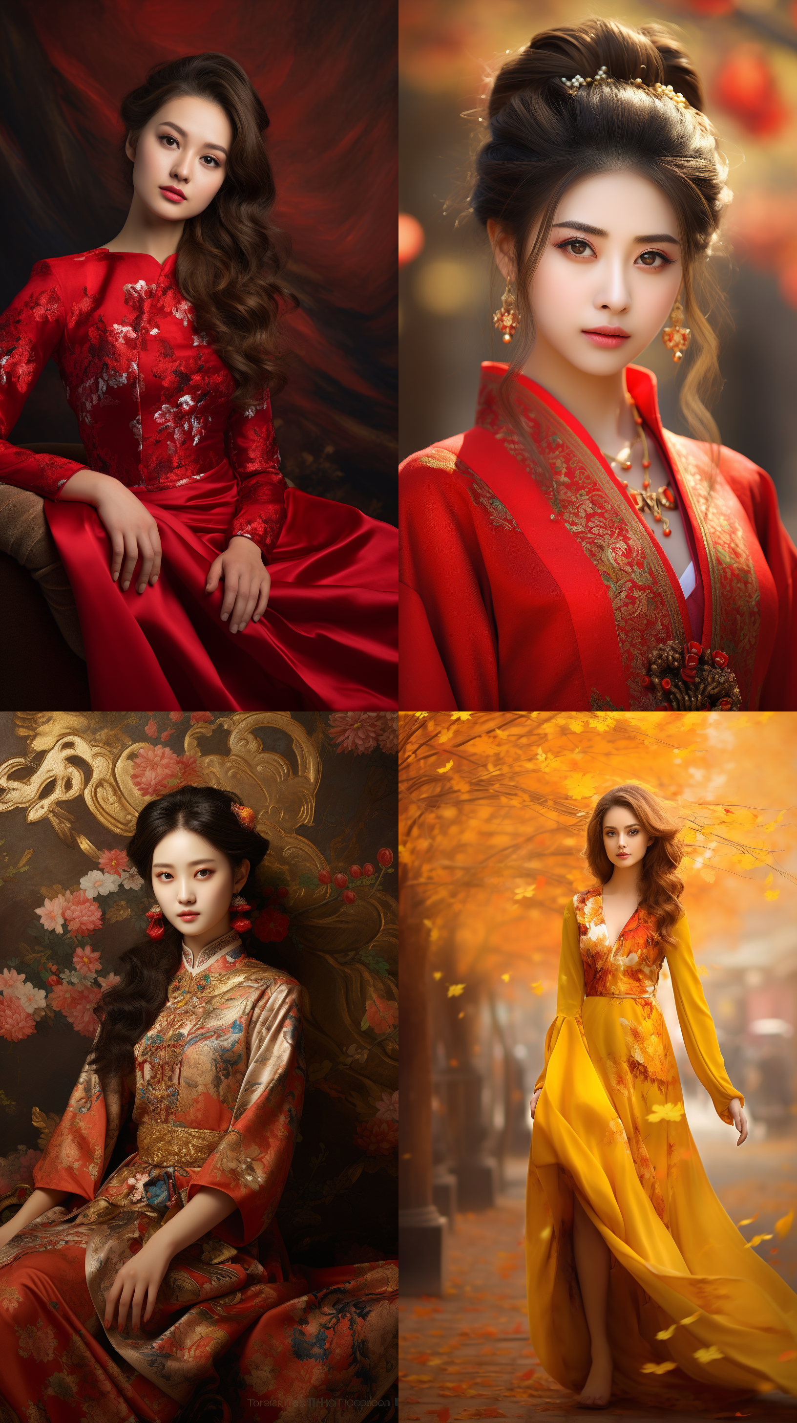 室外拍摄，明亮色调，中国模特穿着古典服装，侧面肖像，柔和光线，中焦镜头，端庄表情，优雅动作，传统元素，油画效果，温暖情感
