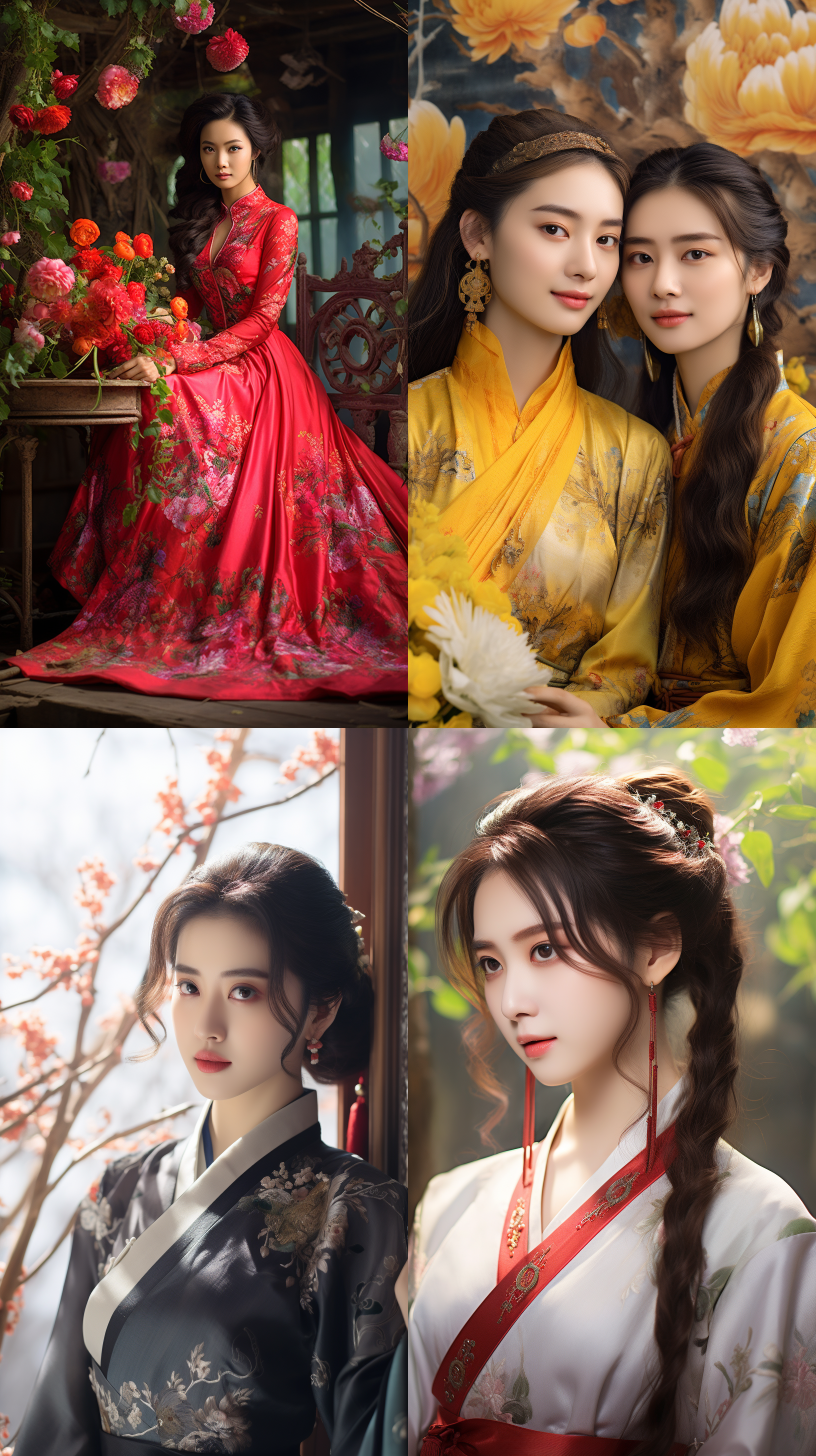 室外拍摄，明亮色调，中国模特穿着古典服装，侧面肖像，柔和光线，中焦镜头，端庄表情，优雅动作，传统元素，油画效果，温暖情感