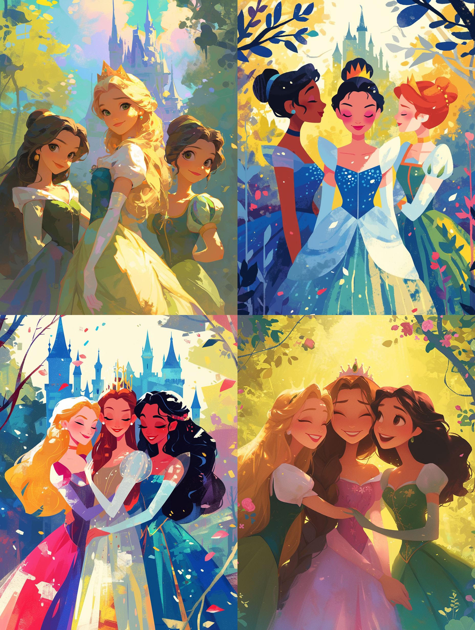 三个公主站在城堡前微笑，礼服华丽，头戴皇冠，背景绿树蓝天，阳光洒落身上，色彩鲜明，童话氛围，对称布局，扁平画风，半身近景，迪士尼公主，温暖快乐