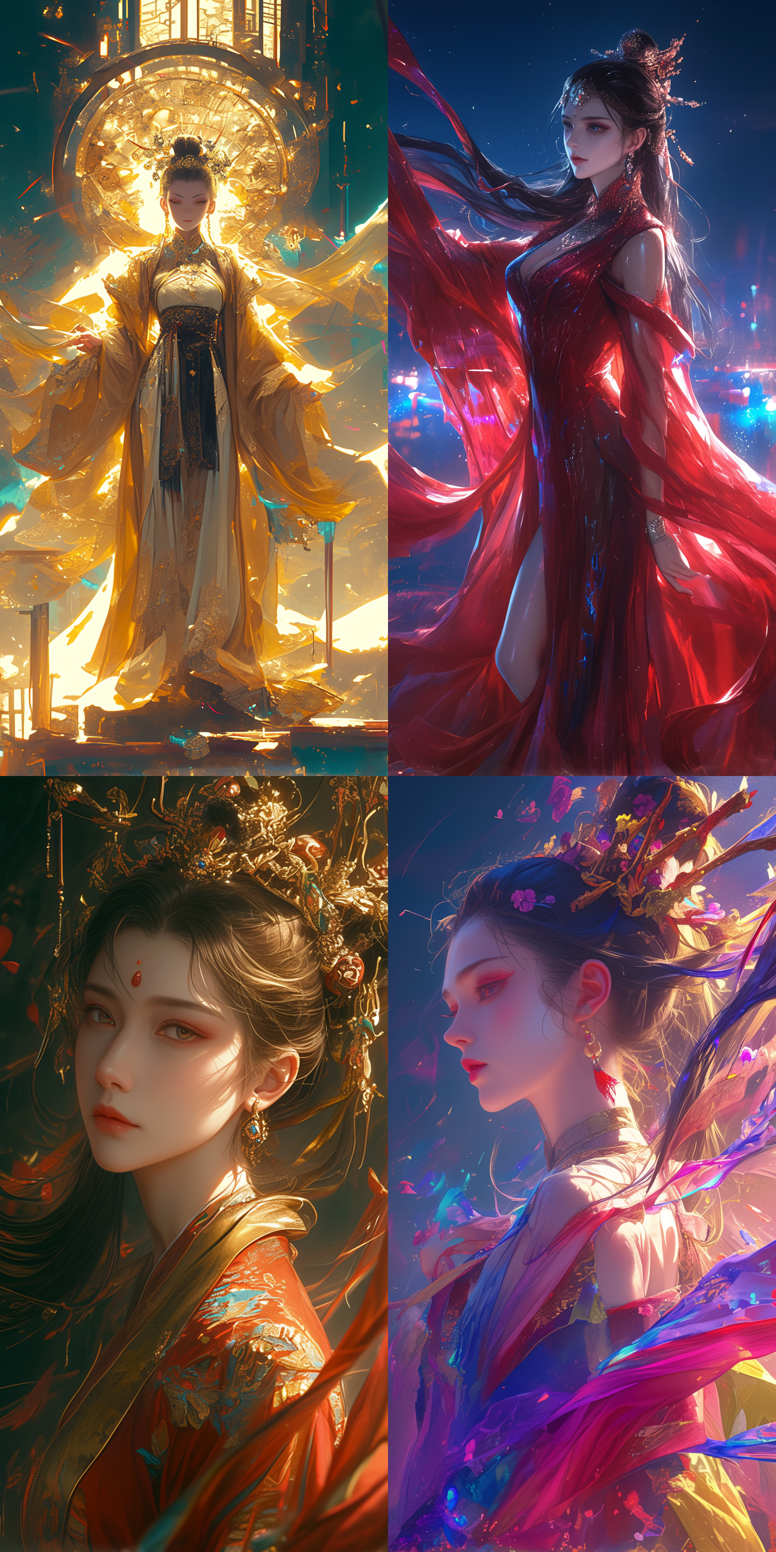 赛博朋克风格，一位身穿盛唐古装的超美女生（高级精致的面容id），长发飘飘，精美发饰，耳环戒指吊坠，霓虹灯映衬，华丽服饰，柔和色调，长焦镜头，侧光，优雅动作，古典元素，宁静神态。中心构图，梦幻引擎，色彩鲜艳，明亮的光线，正面视角，全身特写，超精细，超高分辨率，超清晰度，超高品质，超高质量，超高清，32k