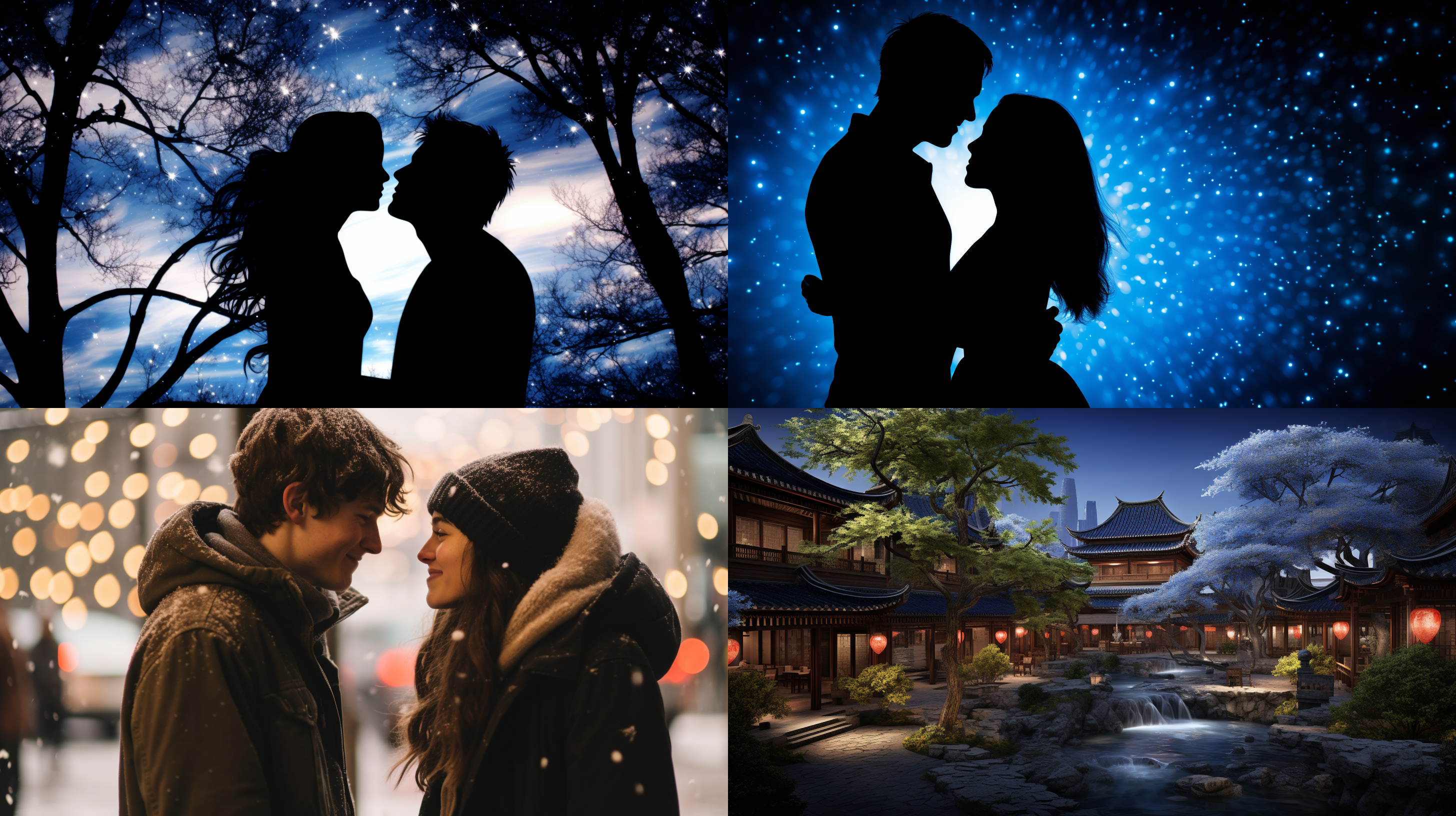 七夕情人节，一对恋人在星空下拥抱，浪漫氛围，暗调，庭院里，50mm定焦镜头，背光，静态，星星点点，蓝色调，幸福。