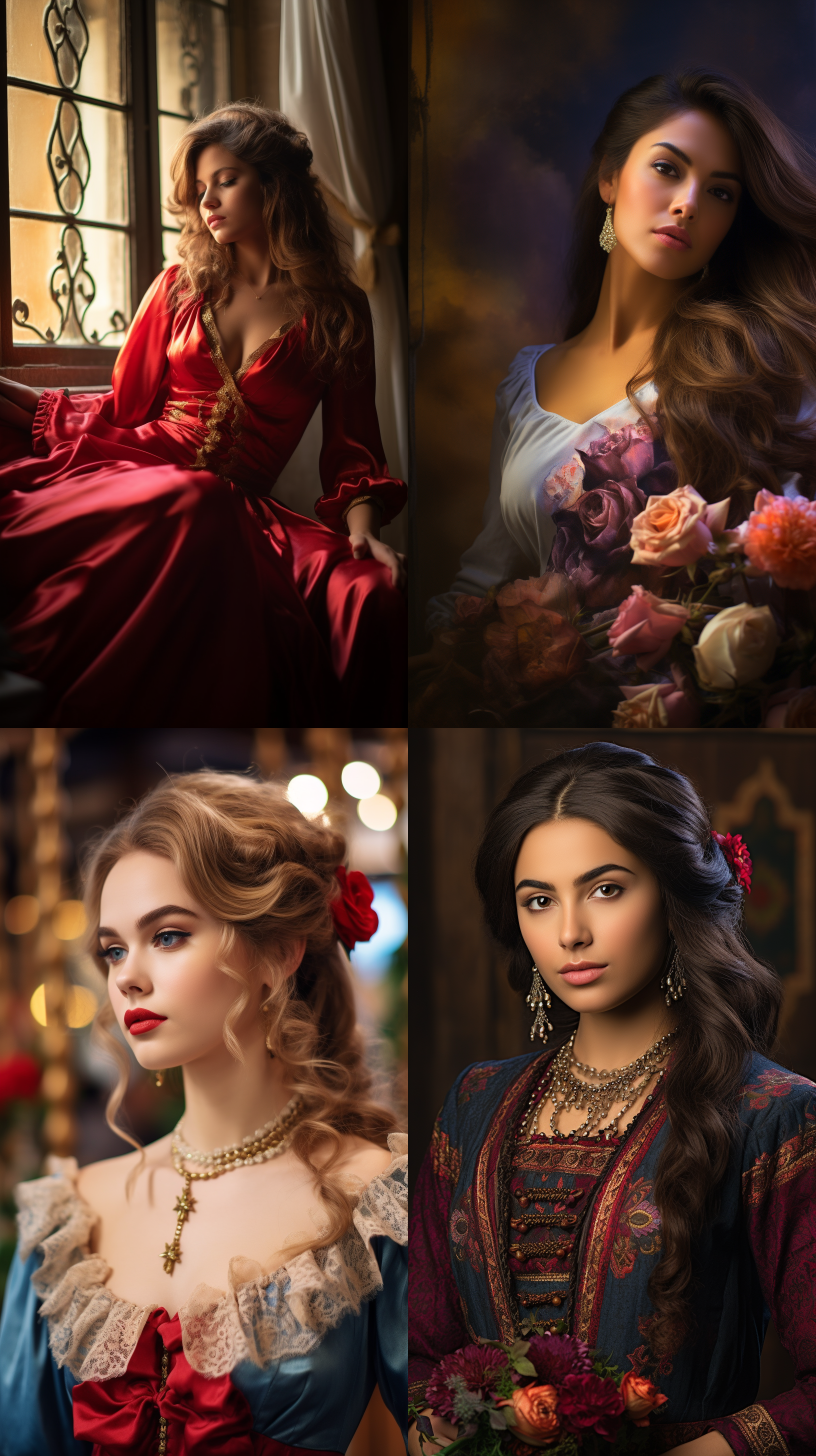 室内拍摄，明亮色调，模特穿着古典服装，侧面肖像，柔和光线，中焦镜头，端庄表情，优雅动作，传统元素，油画效果，温暖情感