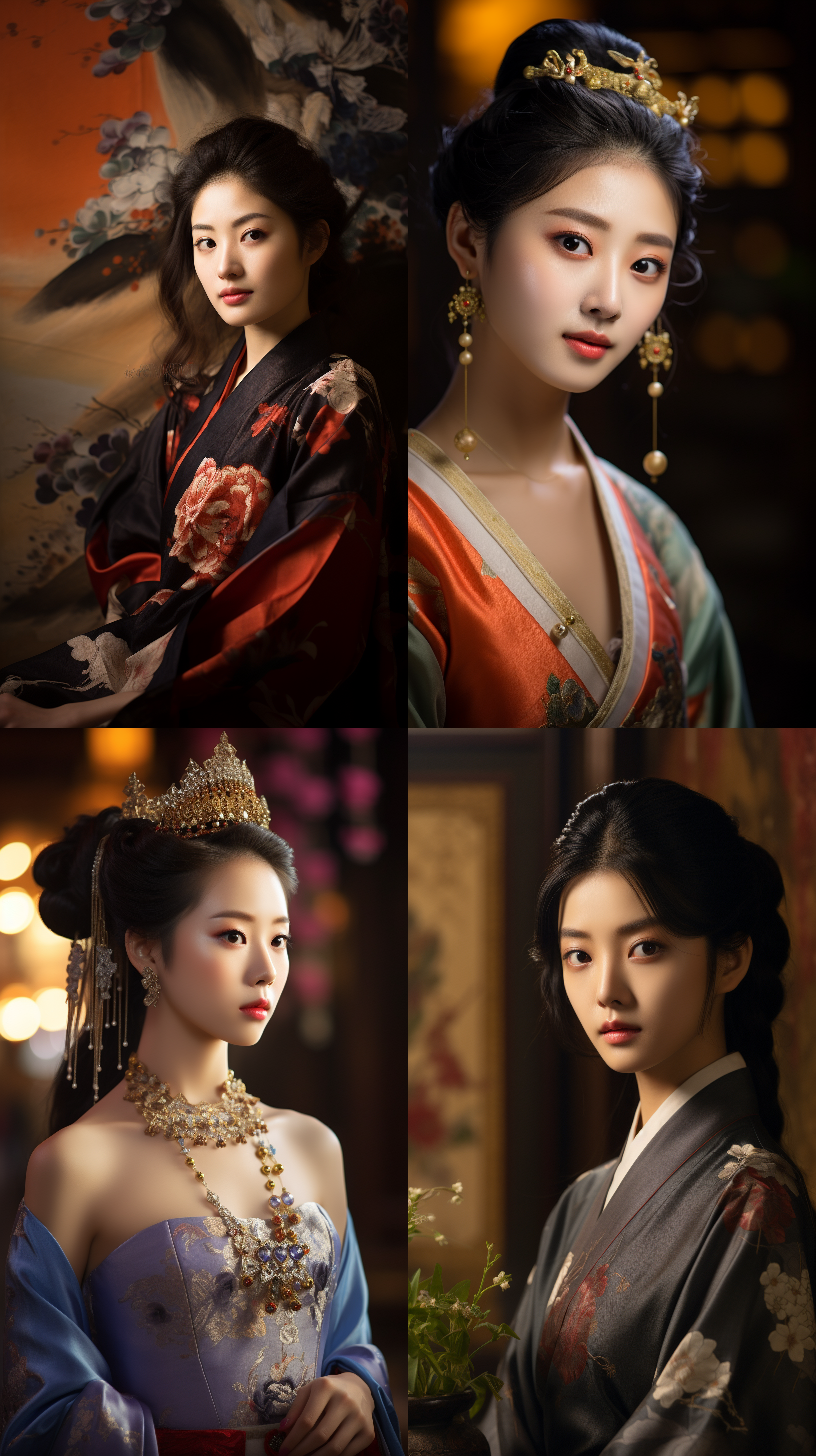 室内拍摄，明亮色调，中国模特穿着古典服装，侧面肖像，柔和光线，中焦镜头，端庄表情，优雅动作，传统元素，油画效果，温暖情感