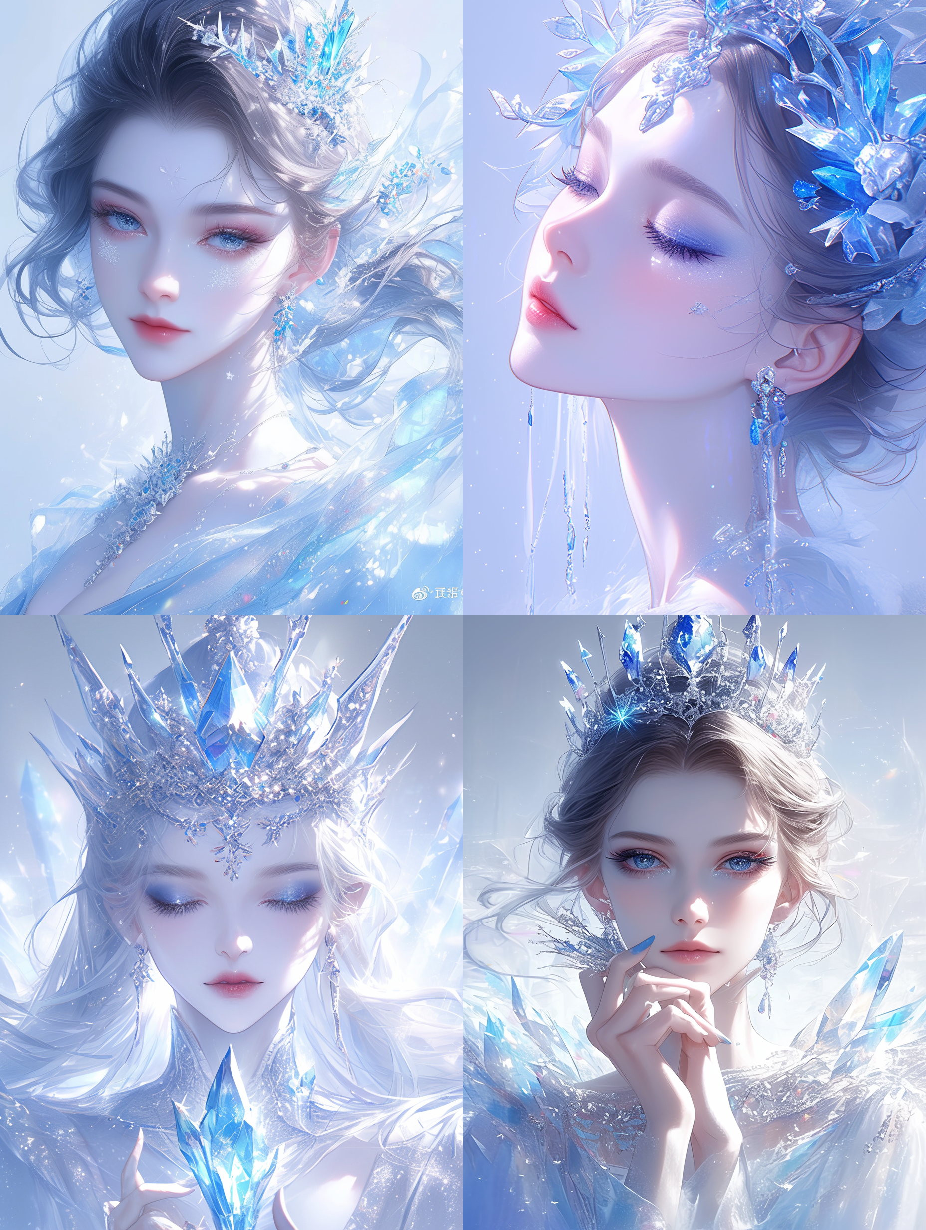 一个美丽的女子，肌肤洁白无暇，晶莹剔透，头上是宝石一样的王冠，冰雪女王，水晶质感，宝石一般，眼影为蓝色，高品质，16k