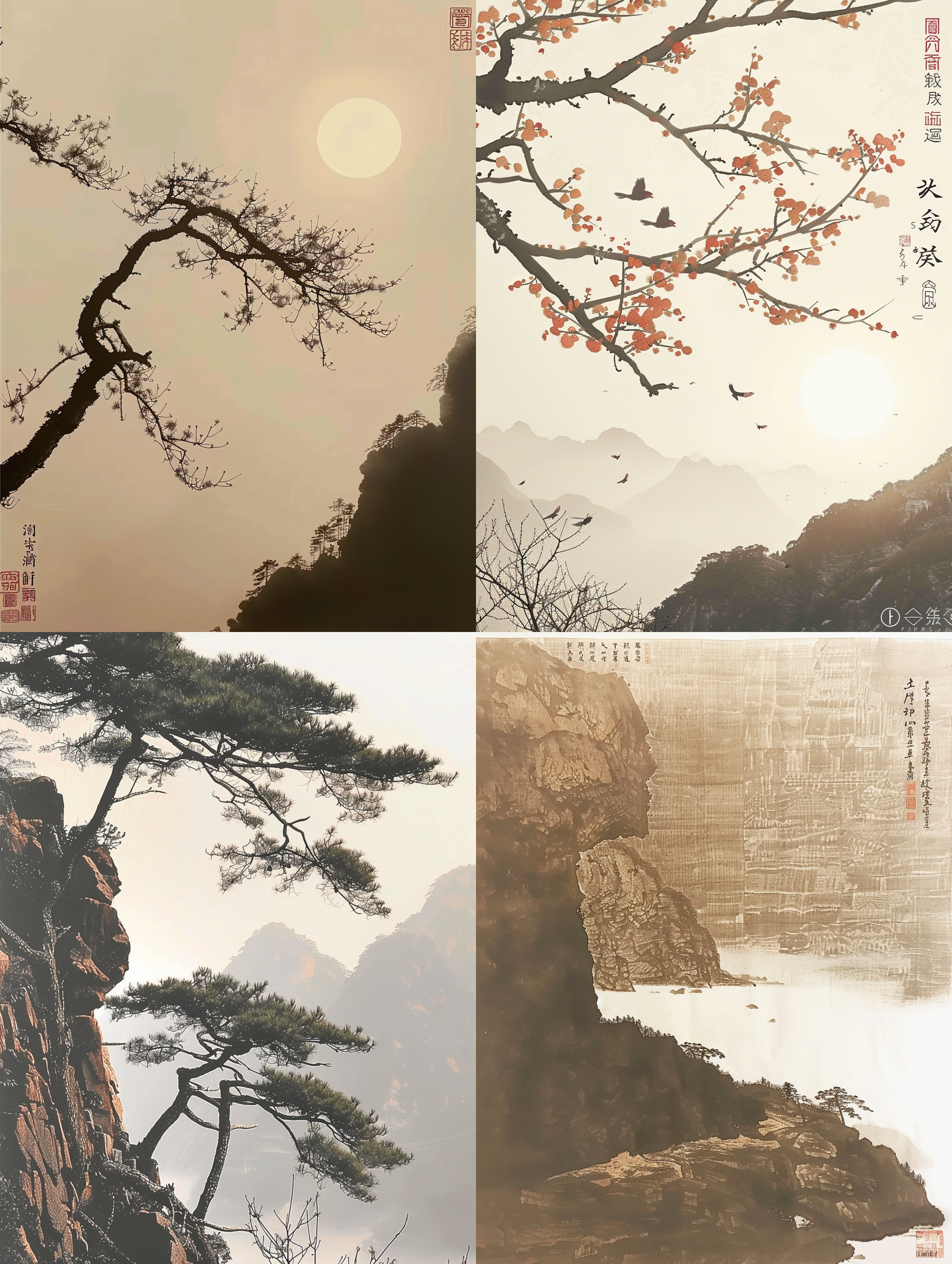 新中式风装饰画, 适量留白, 清爽简约, 高级感, 光影效果, 高分辨率, 大师级摄影, 禅意意境, 突出细节, 褐色调, 静谧情怀