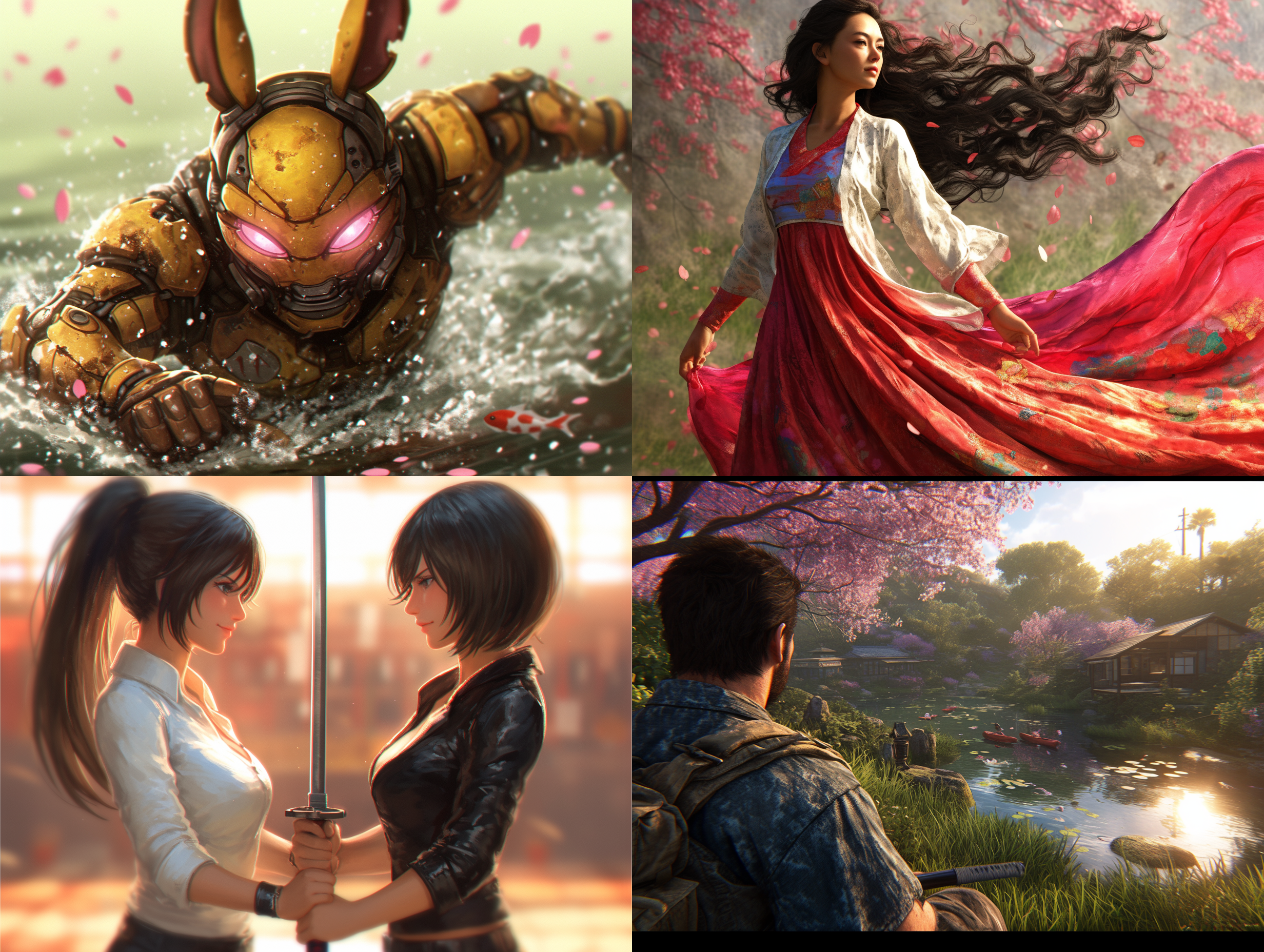 dueling between hare and samurai, sakura garden, swordsmanship, focus, skill, pink petals, koi, pond, warm lights, elegance, action, 3d.