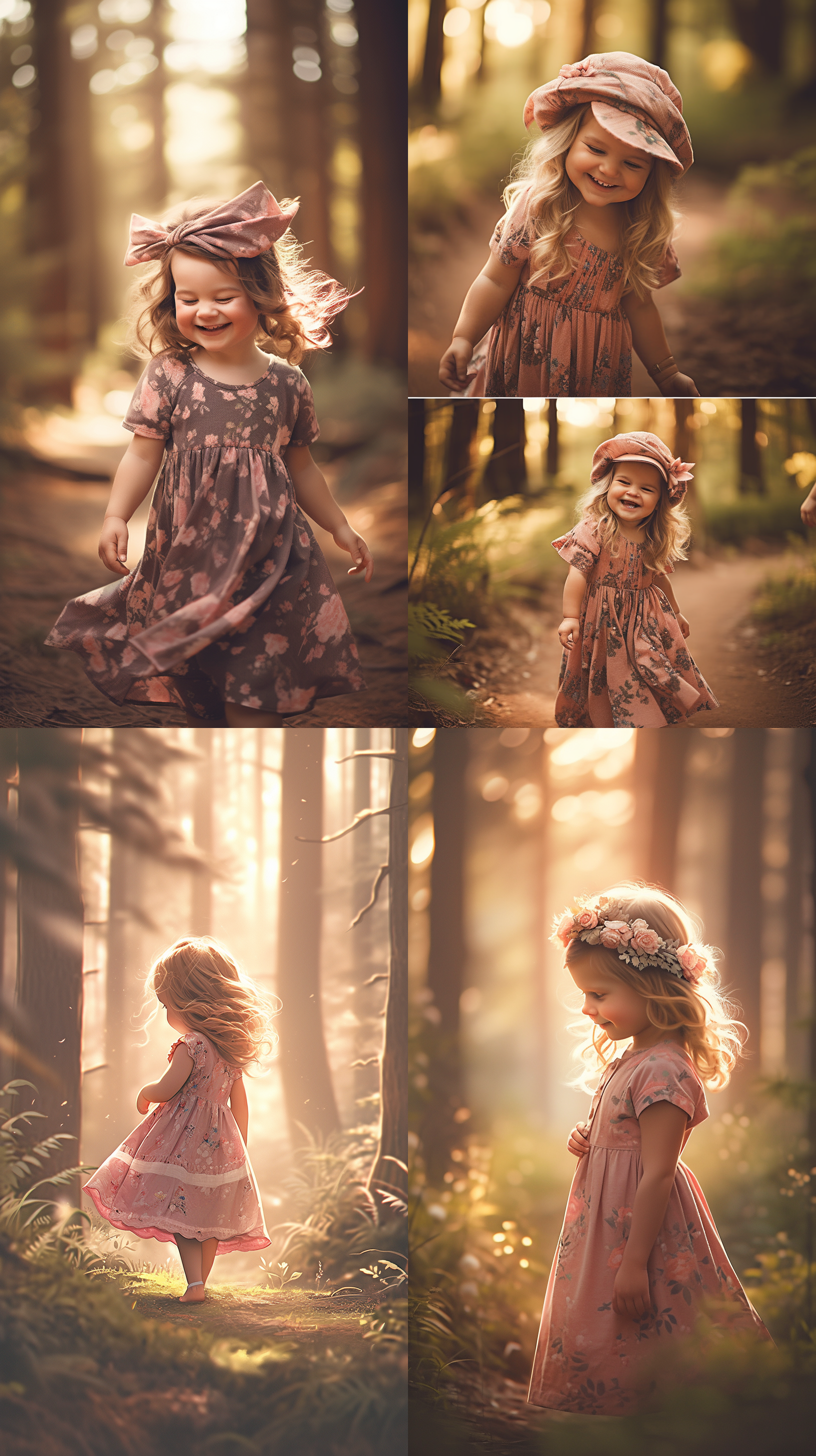 小女孩在森林中探险，穿着粉色连衣裙，发带在风中飘动，笑容灿烂。自然光线，柔和环境，中景构图，暖色调，清晰焦距，自然动作，快门速度适中，童趣，快乐。