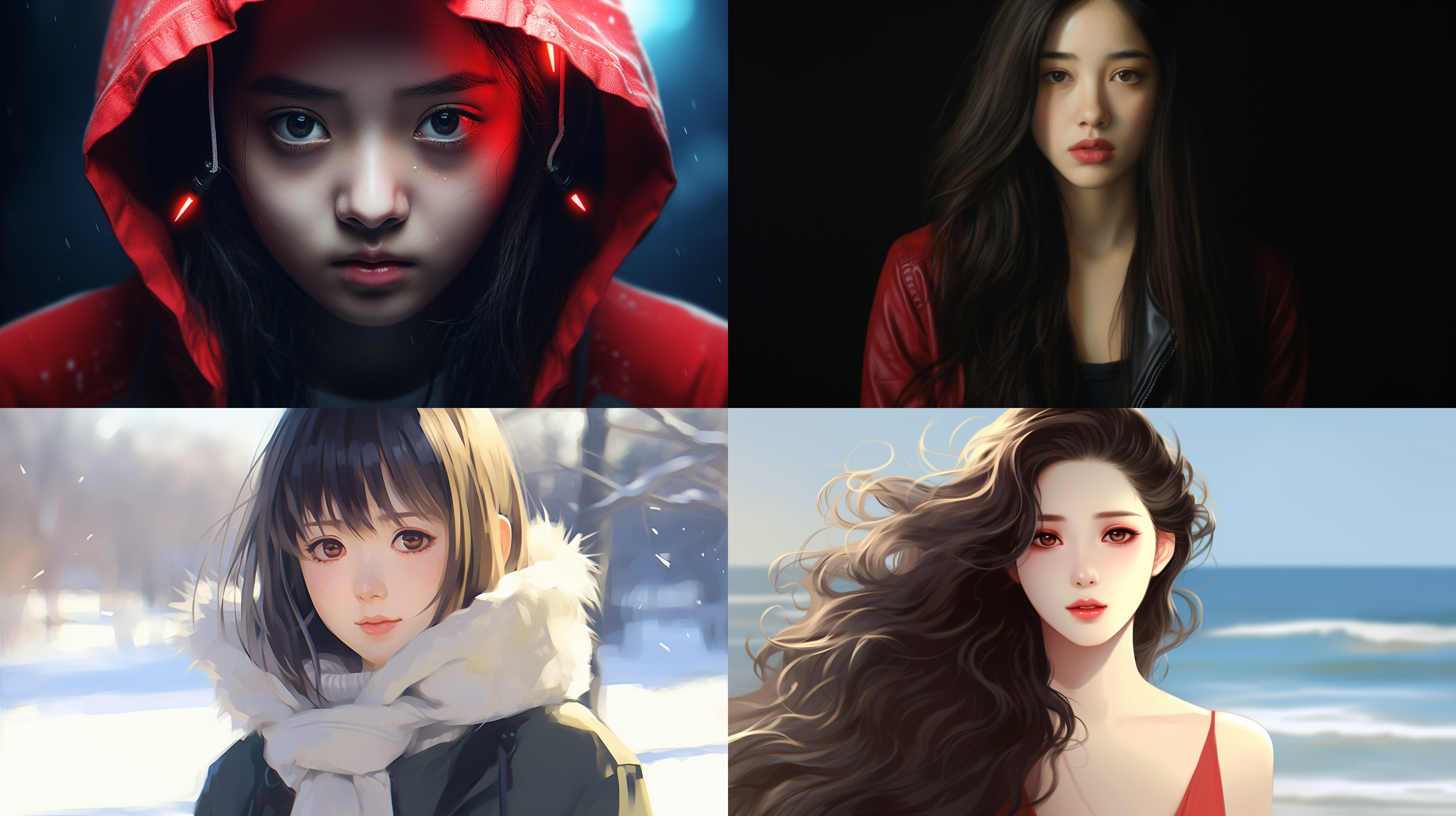 中国女孩长发过腰，高领红毛衣过膝，怒目，长眼睛，大觜，长筒皮靴，雪天