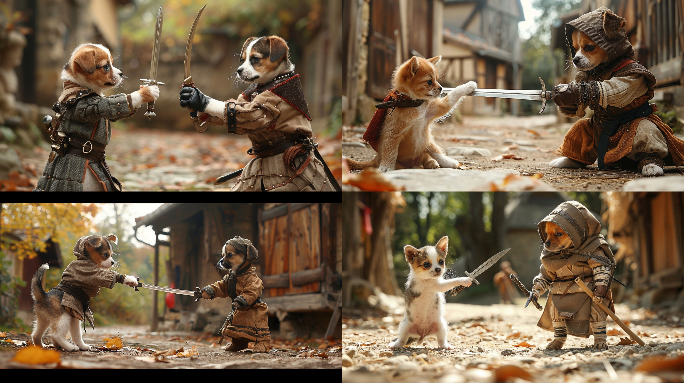 小猫与小狗，古装侠客服饰，在林中，决斗，手持剑，紧张氛围 林间决斗，古风服饰，刀剑舞动，高清晰度，暗绿色调，长焦镜头，侧光，动作凝固，对峙，激烈。 电影风格 森林 正视 电影灯光 幻想四季 全身角色 武侠 汉服 竹子 生气