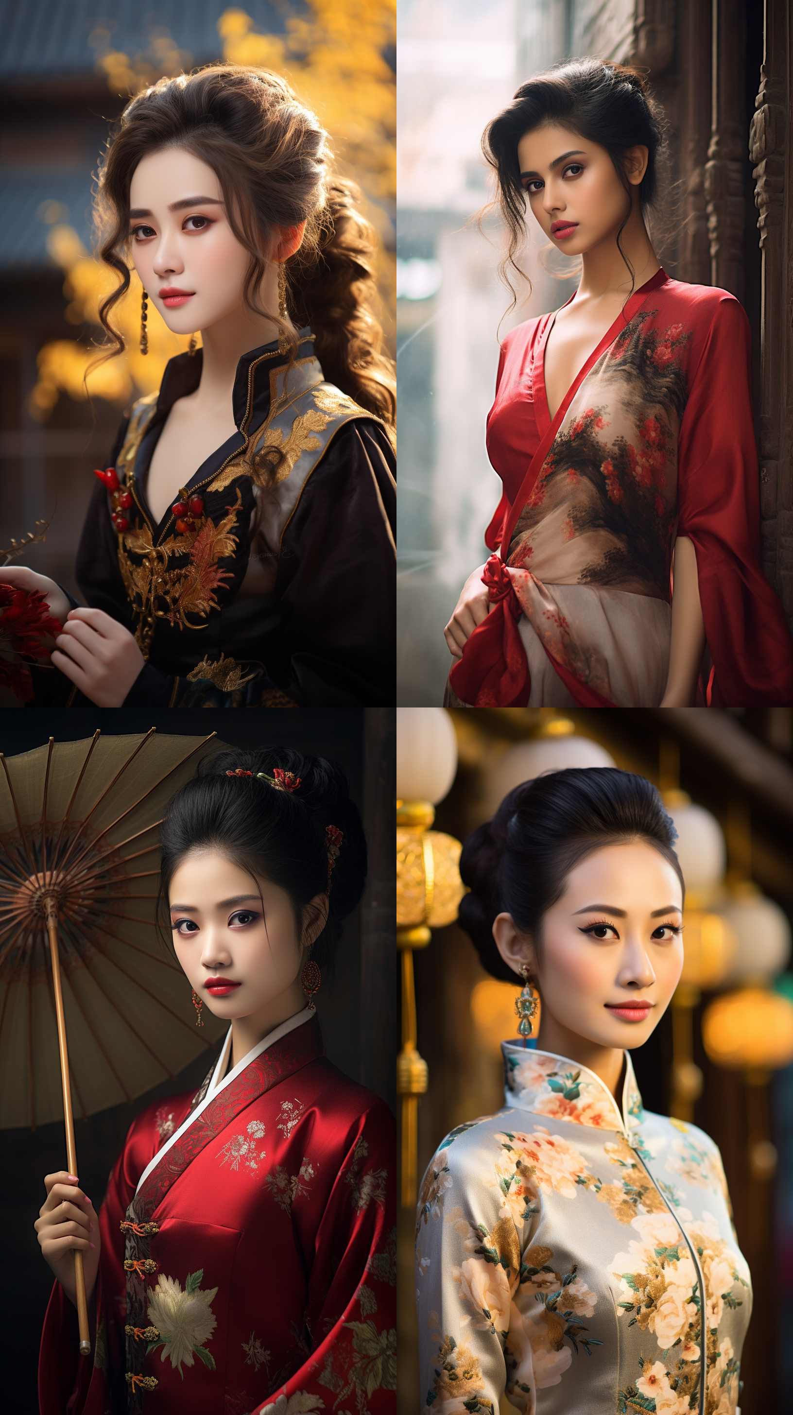 室外拍摄，明亮色调，中国模特穿着古典服装，侧面肖像，柔和光线，中焦镜头，端庄表情，优雅动作，传统元素，油画效果，温暖情感