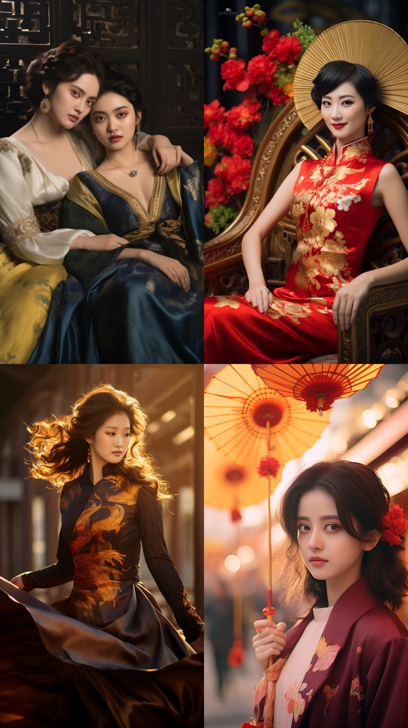 室外拍摄，明亮色调，中国模特穿着古典服装，侧面肖像，柔和光线，中焦镜头，端庄表情，优雅动作，传统元素，油画效果，温暖情感