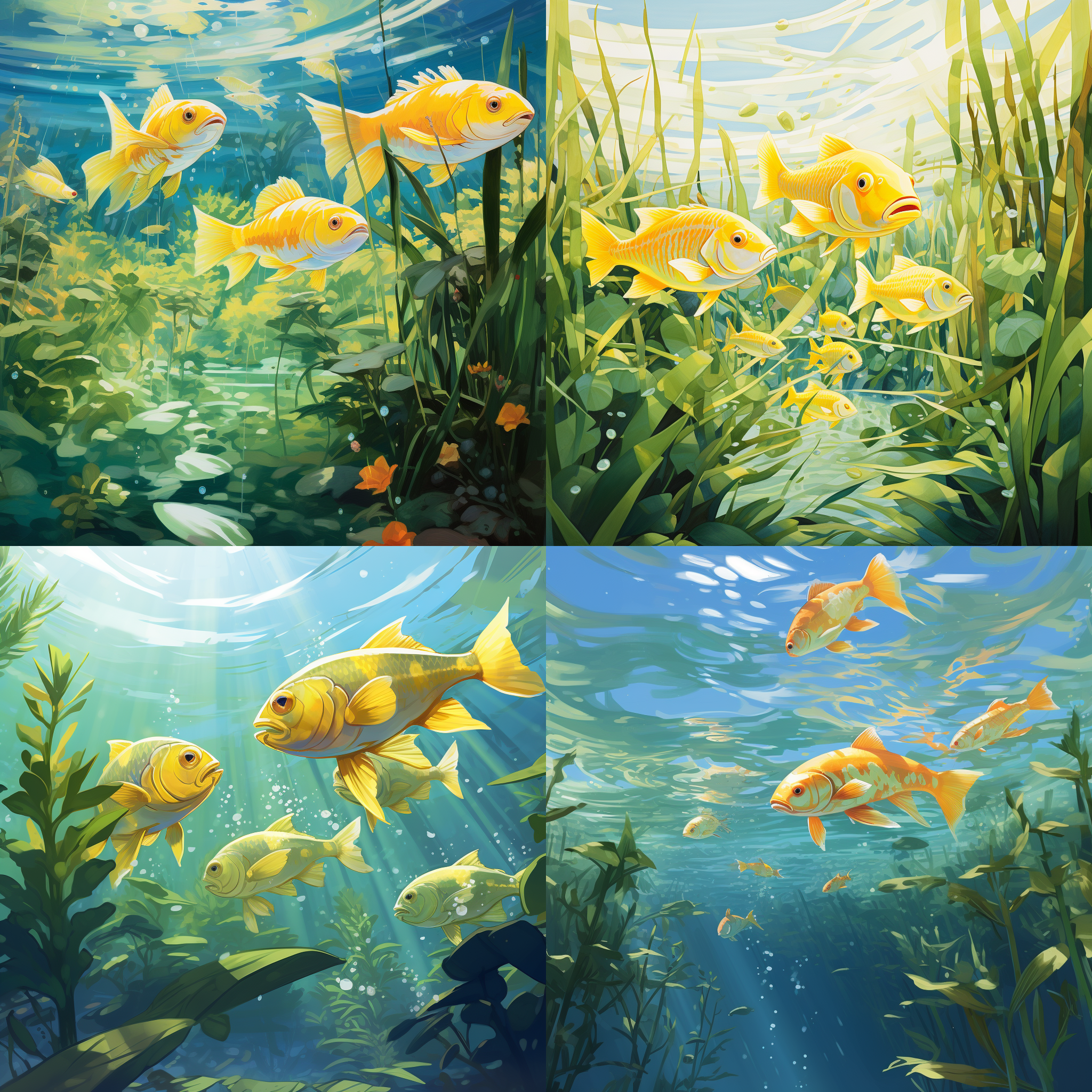 一群湟鱼在水中游动，宫崎骏风格，细节丰富，水草环绕，清澈水面，鱼群呈现多姿多彩的动态，透视感强，蓝色调，中焦镜头，自然光，流畅游动，神秘。