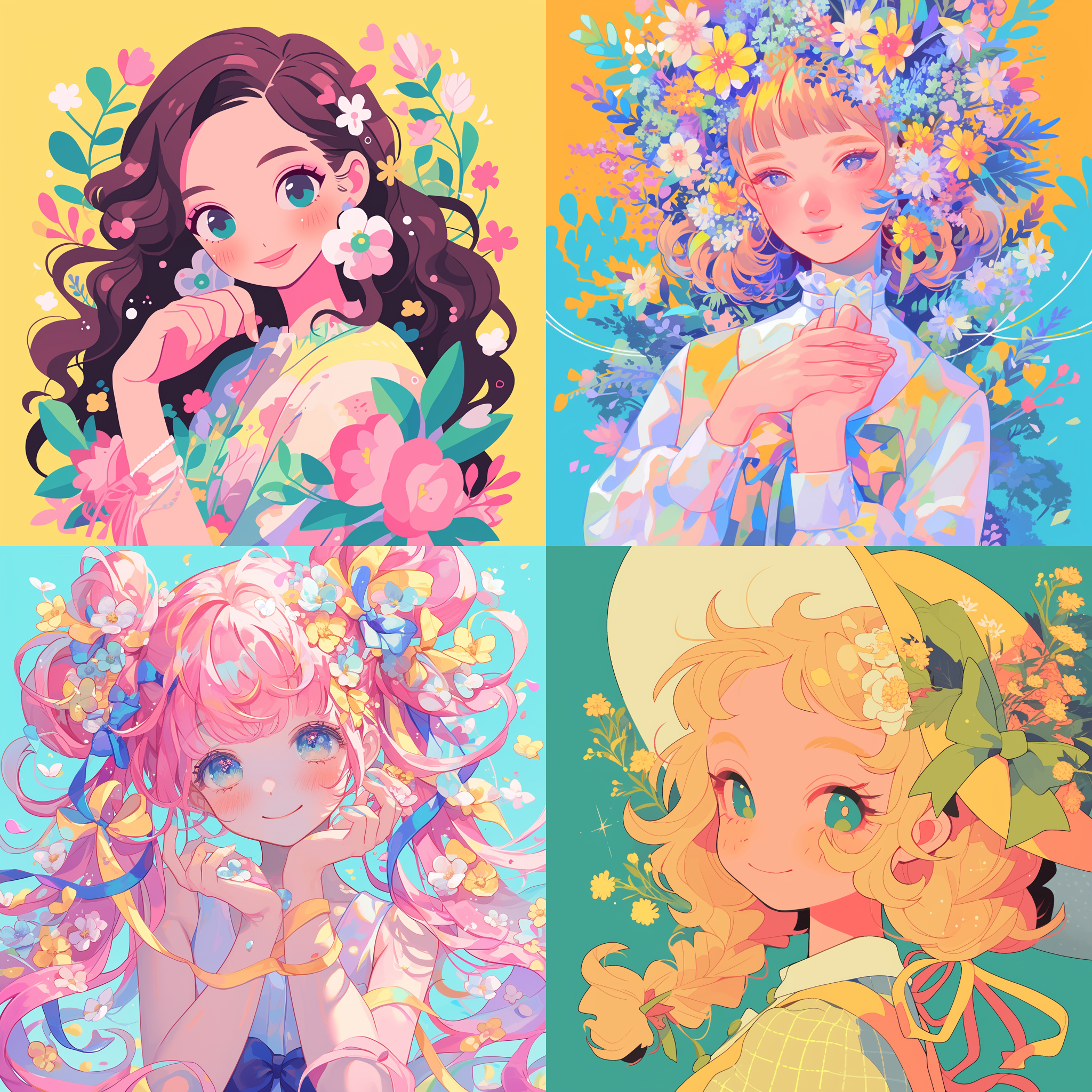 女性人物，卡通风格，扁平化，色块，纯色背景，高分辨率，浅色背景，卡通风格, 纯色背景, 高分辨率, 浅色背景, 表情微笑开朗活泼，优美花草元素，丝带，细节丰富，柔和光线，梦幻氛围。