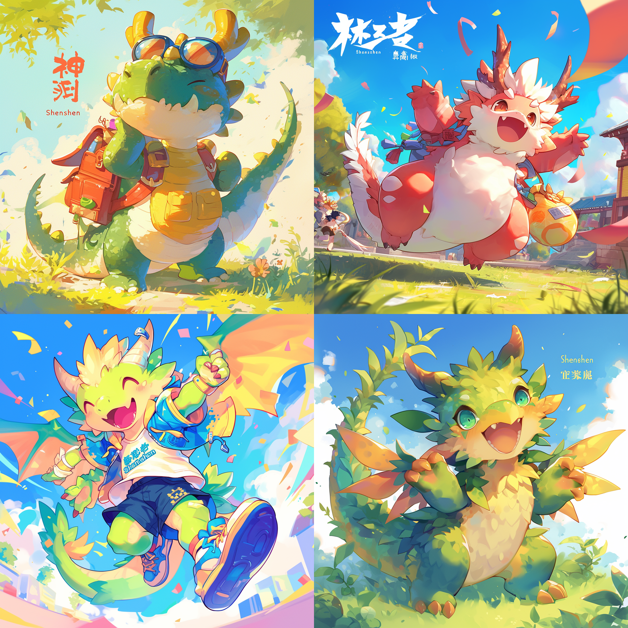 学校吉祥物“莘莘”龙，圆润身形，可爱表情，彩色斑斓，校园草坪，逆光拍摄，长焦镜头，自然光，欢快舞动，明亮色调，喜悦。