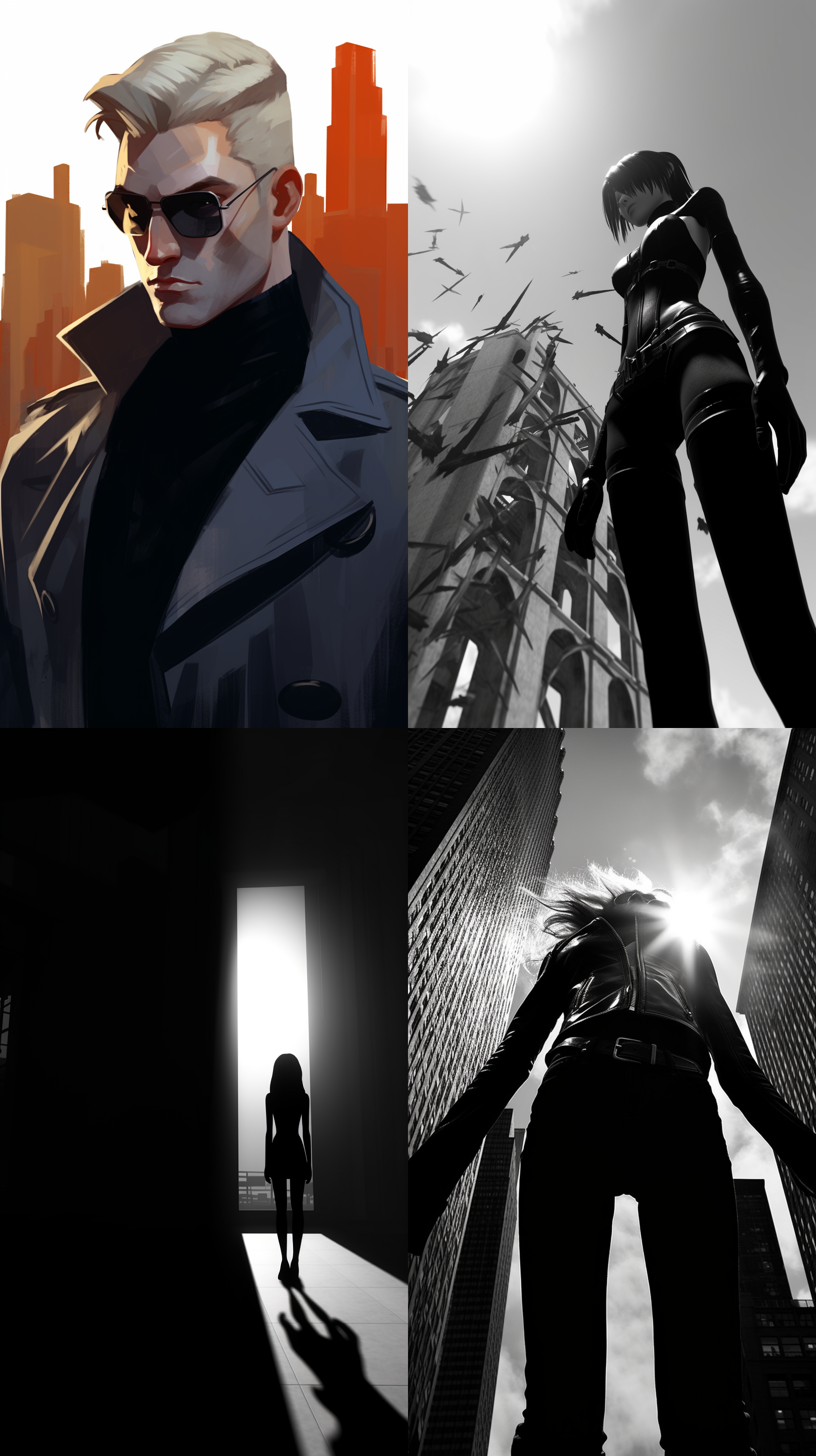 黑色皮衣皮裤的人像，站在城市街头，背景是高耸的摩天大楼和熙熙攘攘的人群，阳光透过建筑物的缝隙洒下，形成明暗交错的阴影。人物面容冷酷，眼神坚定，手插兜中，展现出自信和力量。黑白风格，高对比度，长焦镜头，动态姿态，纹理丰富，霓虹灯的色彩。