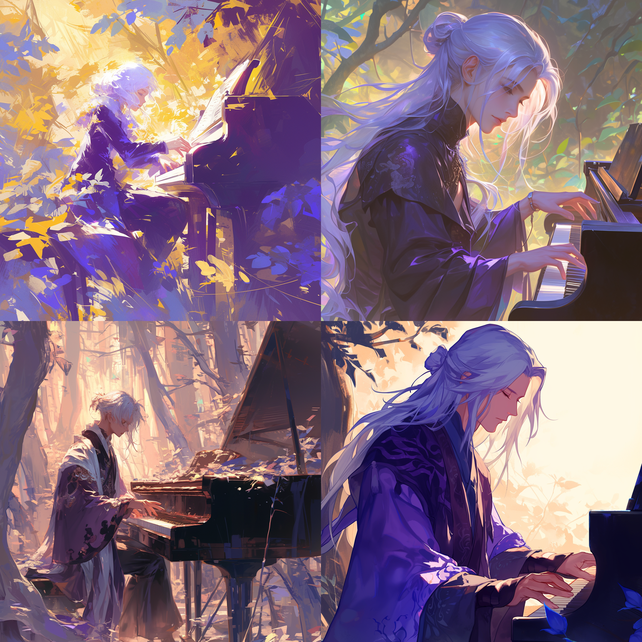 紫衣银发琴师少年，国风，林间弹琴，柔和光线，抓拍，中长焦镜头，侧逆光，优雅动作，古风元素，暖色调，宁静祥和。