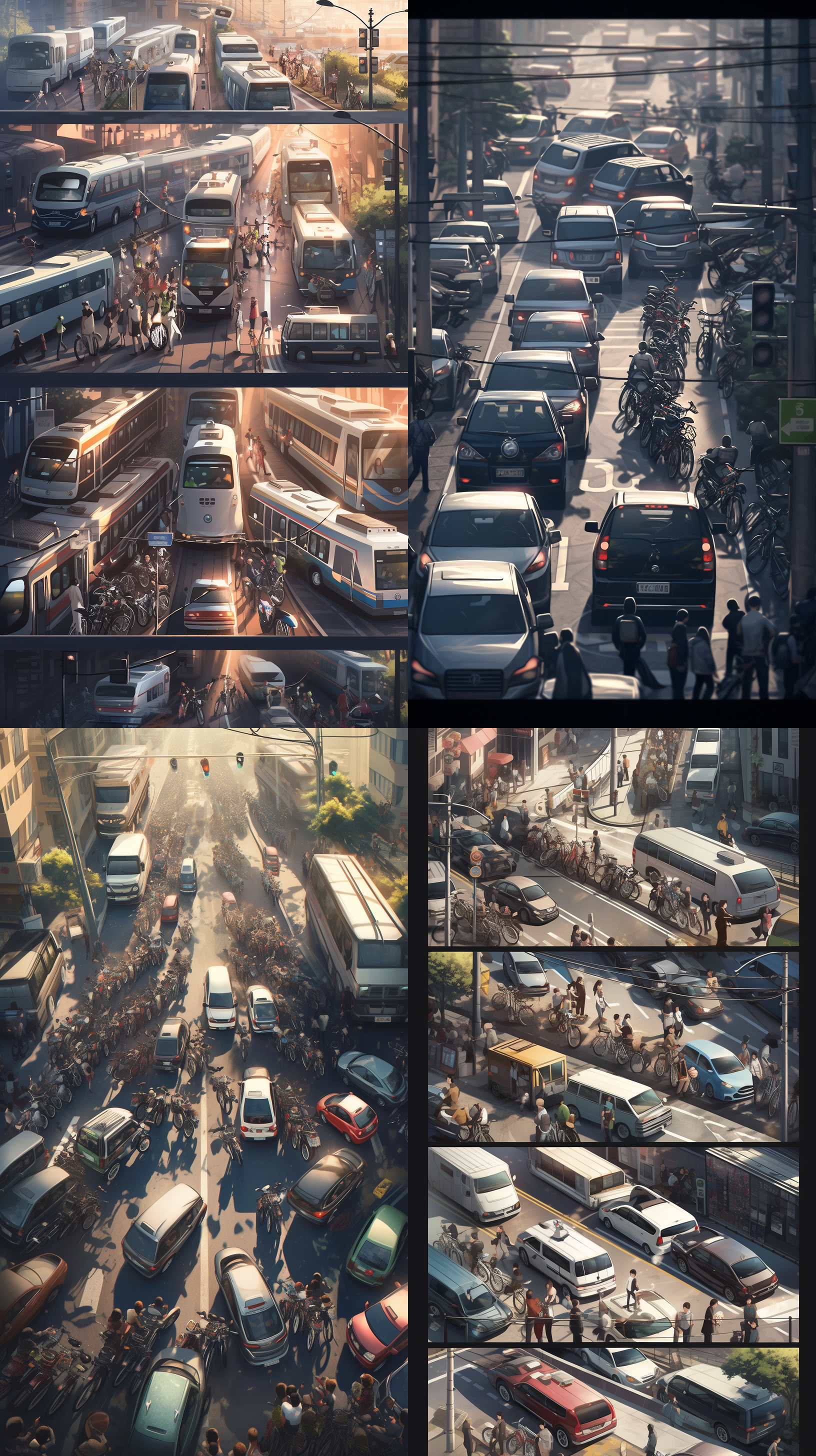 多种交通工具停放在繁忙的街道上，包括自行车、汽车、公交车和电动车。整体画面充满活力，展现出城市生活的喧嚣与便利。现代城市风格，多色彩，尖锐对比，广角透视，日间拍摄，车流涌动，人群来往，忙碌。