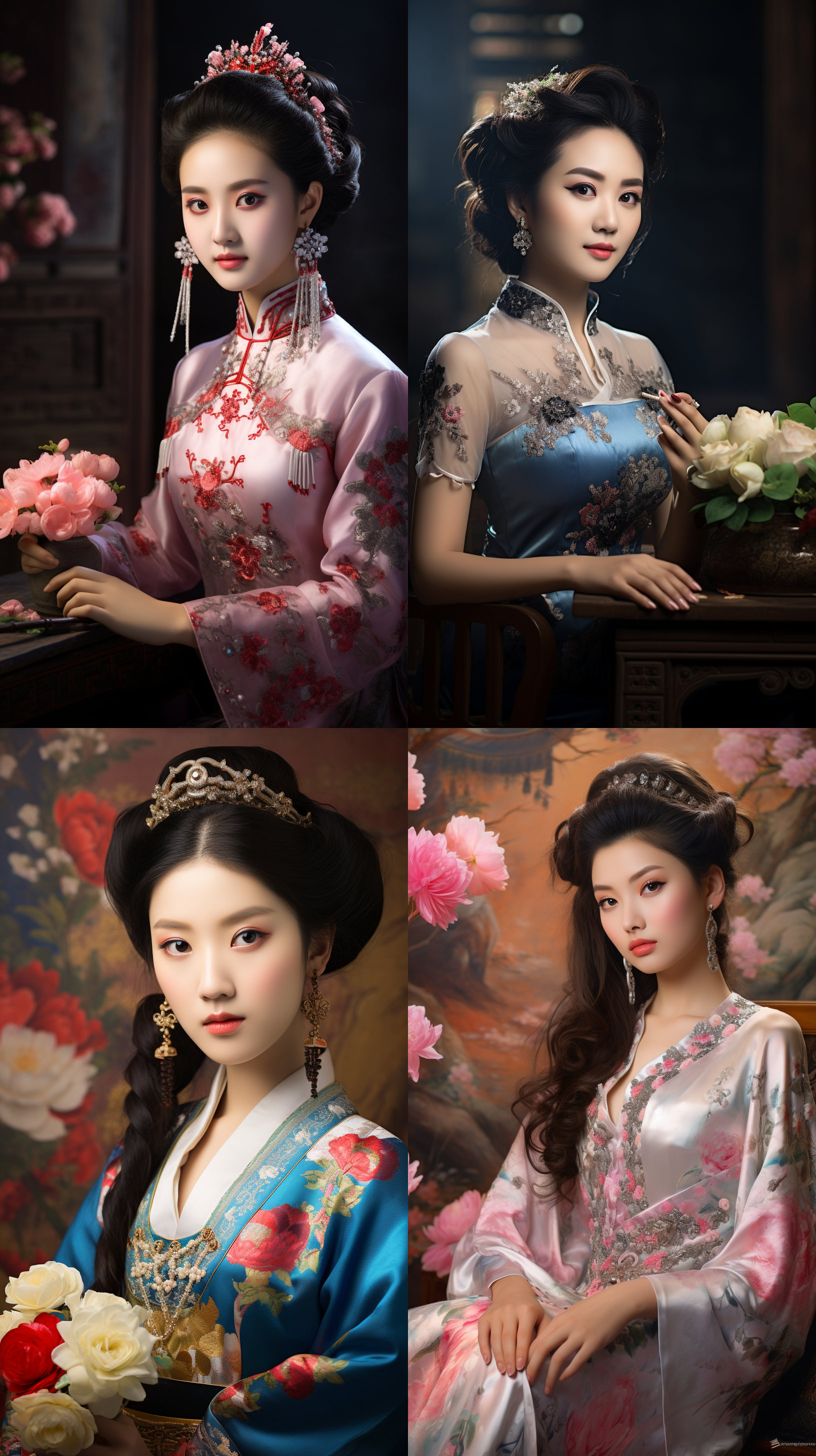 室内拍摄，明亮色调，中国模特穿着古典服装，侧面肖像，柔和光线，中焦镜头，端庄表情，优雅动作，传统元素，油画效果，温暖情感