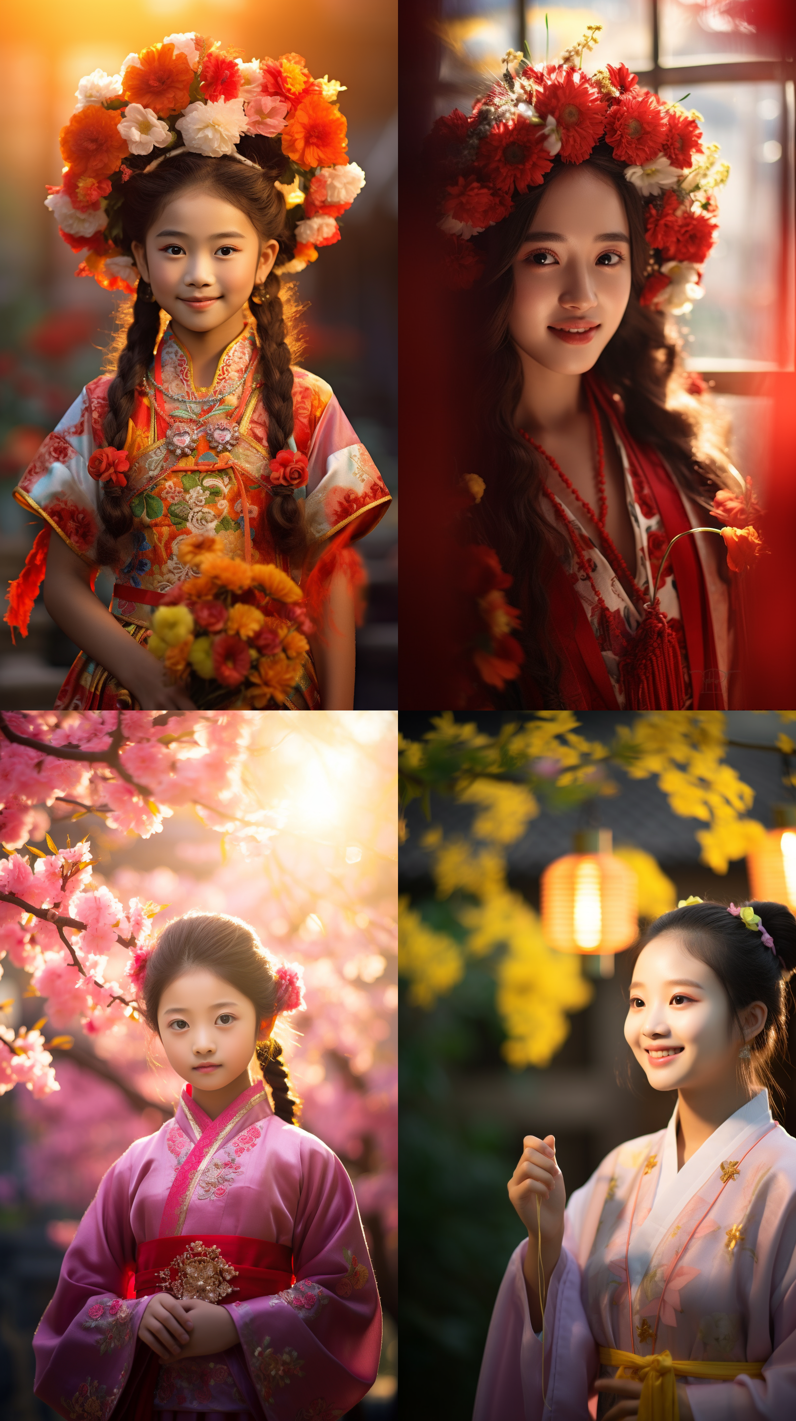 明亮色调，12岁中国女孩，肖像镜头，明亮光线。女孩戴着花朵头饰，穿着传统汉服，微笑着凝视镜头，周围是鲜花盛开的花园。温暖的阳光洒在她身上，照亮了她的笑容。