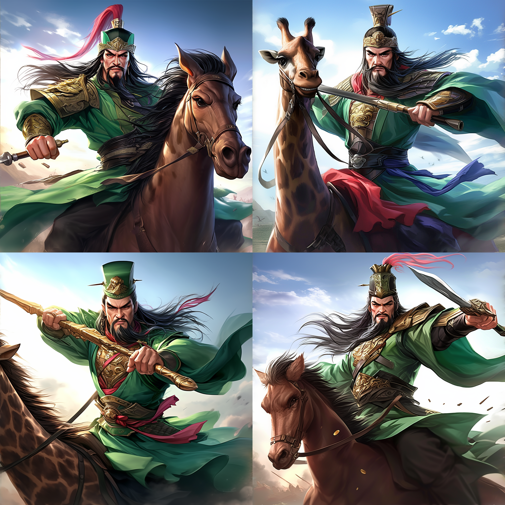 关羽身着传统战袍，骑着长颈鹿，右手握宝剑，左手托着金元宝，目光坚定。威严，力量，决心。史诗风格，暖色调，全景视角，逆光，动作凝固，古代战士，英雄。