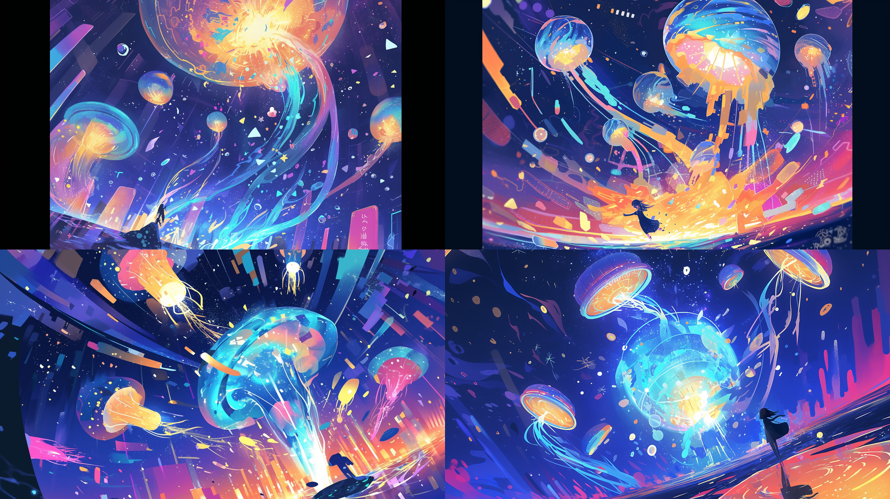 旋转的宇宙空间，超广角镜头，霓虹灯光，五彩斑斓，奇幻风格，多彩世界，舞动，兴奋。