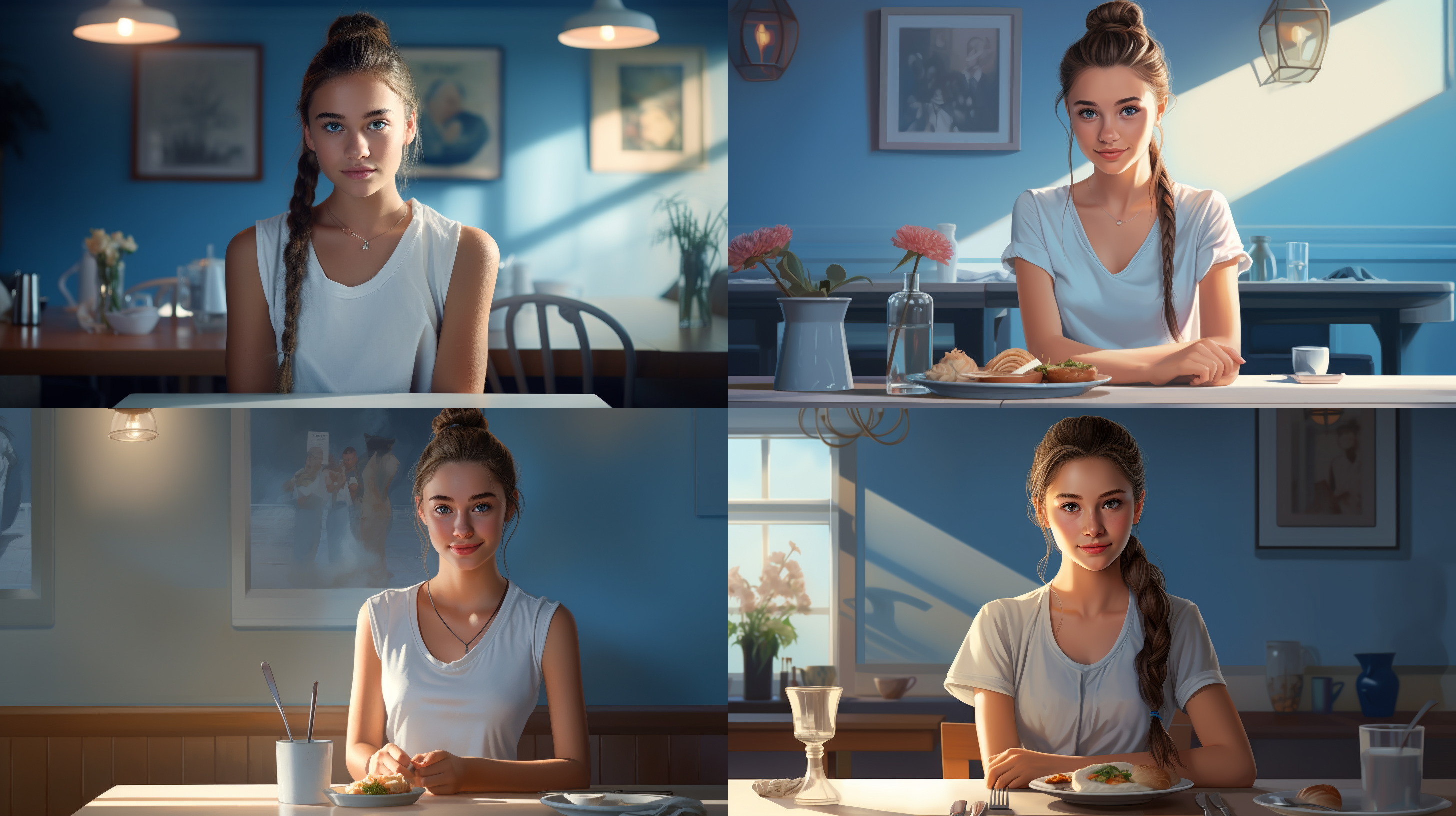 中学生女孩 白衣 t 恤 马尾辫 餐桌前吃饭 背景 天蓝色简单 柔和