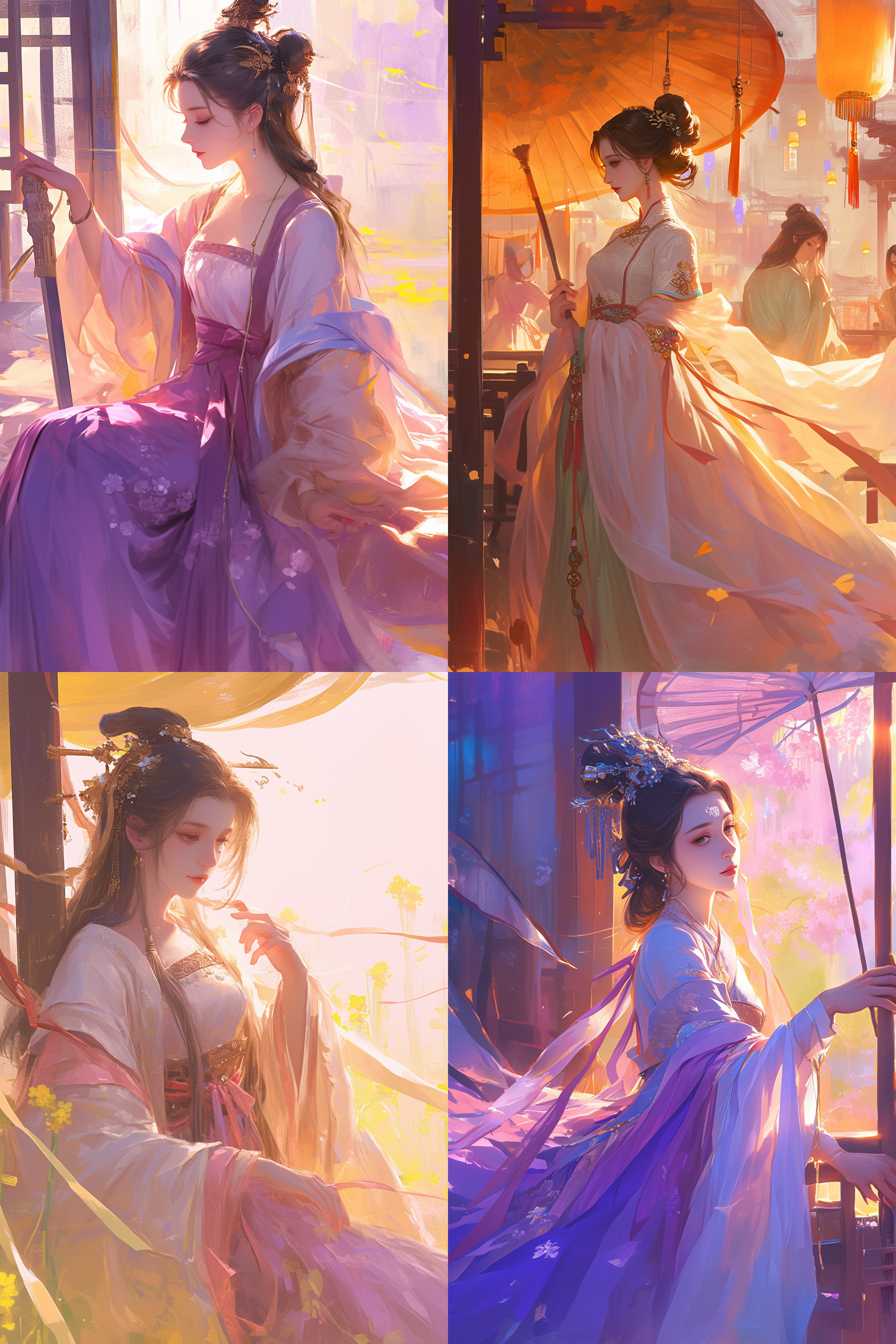 盛唐古装美女，城市全景，霓虹灯映衬，华丽服饰，柔和色调，长焦镜头，侧光，优雅动作，古典元素，金色调，宁静神态。