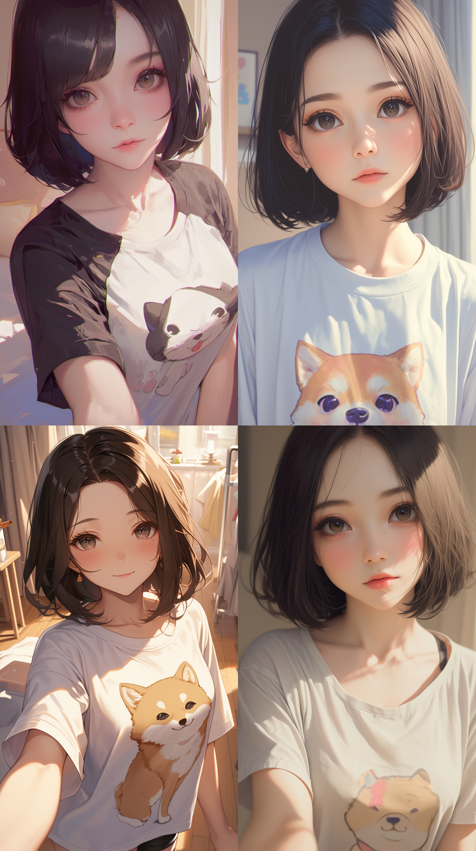 1girl,asian,(masterpiece, best quality) personal,round face,eye,cute shiba dog graffiti t-shirt,in the bedroom,selfie,short black hair,qi liu hai hairstyle,kawaii,(looking at the audience:1.4),dof depth of field,
