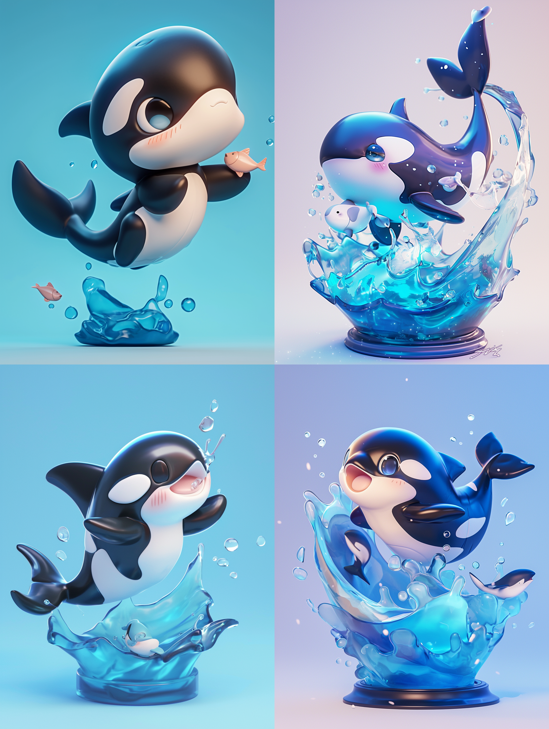 full body, a cute orca, swimming in the water in a pose with a small fish in its mouth, blind box style, toy, bjd, chibi, pvc, good lighting, 3d, oc, blender, light color background, high quality, super high detail.
