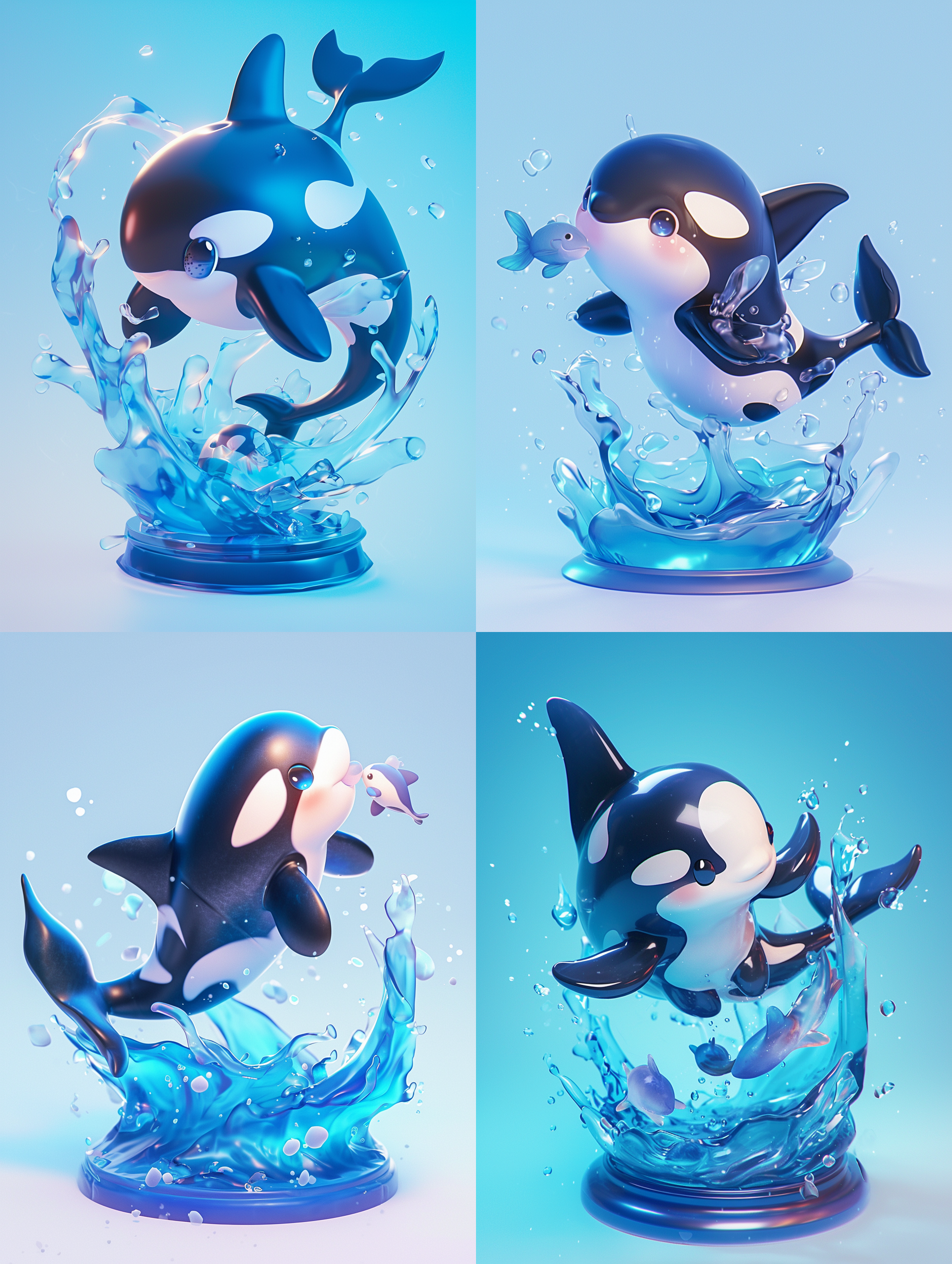 full body, a cute orca, swimming in the water in a pose with a small fish in its mouth, blind box style, toy, bjd, chibi, pvc, good lighting, 3d, oc, blender, light color background, high quality, super high detail.