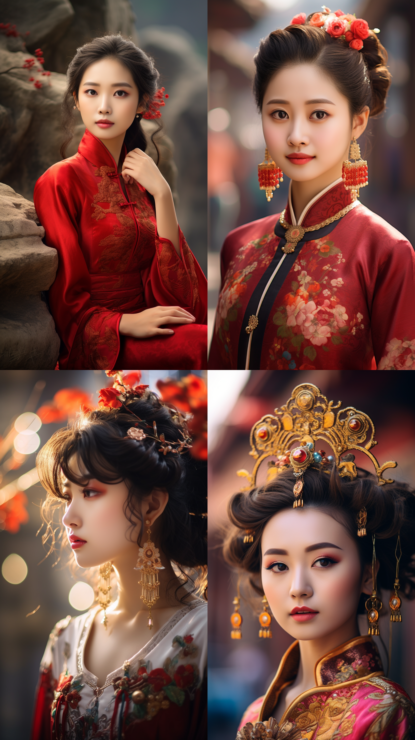 室外拍摄，明亮色调，中国模特穿着古典服装，侧面肖像，柔和光线，中焦镜头，端庄表情，优雅动作，传统元素，油画效果，温暖情感