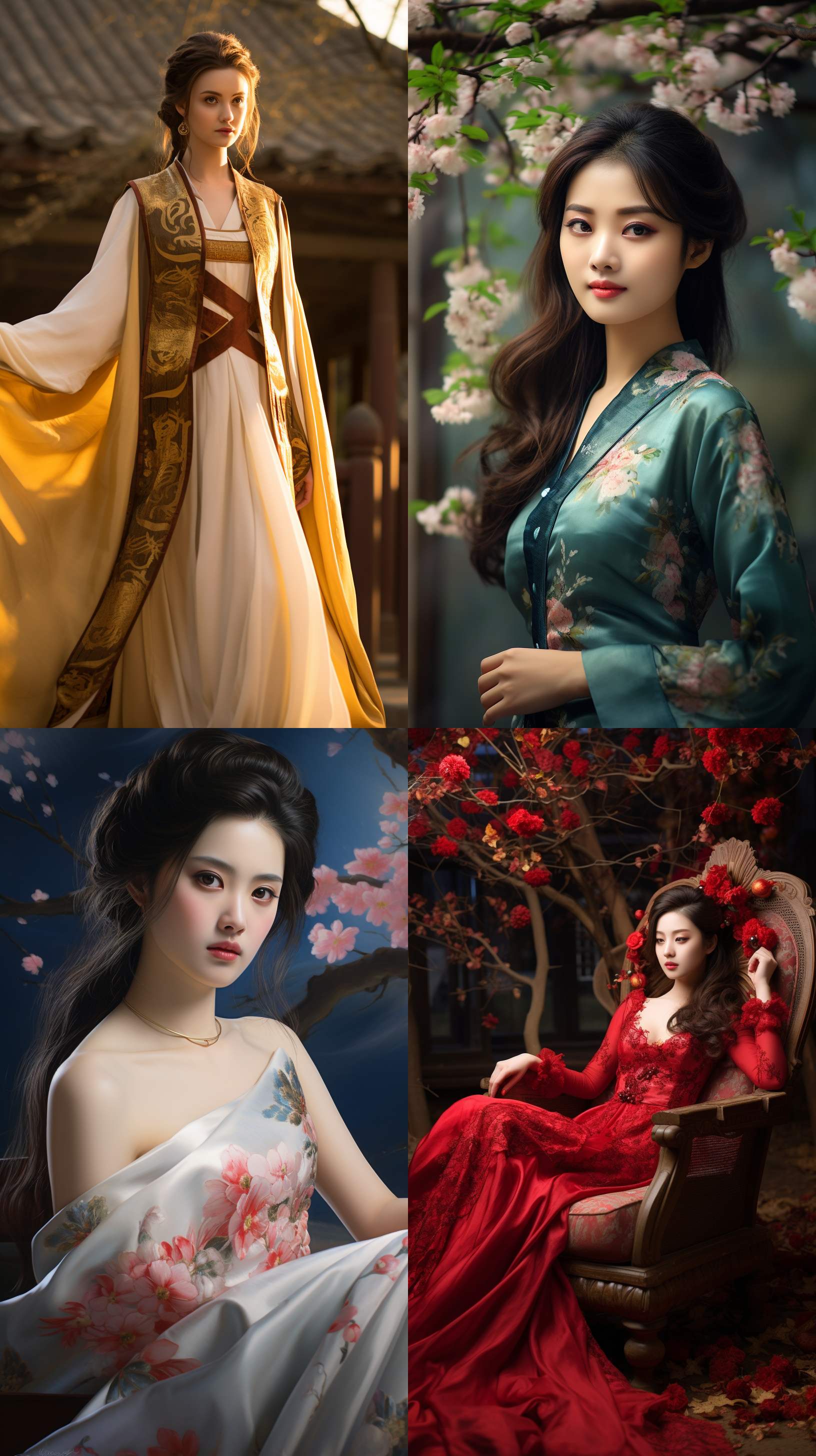 室外拍摄，明亮色调，中国模特穿着古典服装，侧面肖像，柔和光线，中焦镜头，端庄表情，优雅动作，传统元素，油画效果，温暖情感