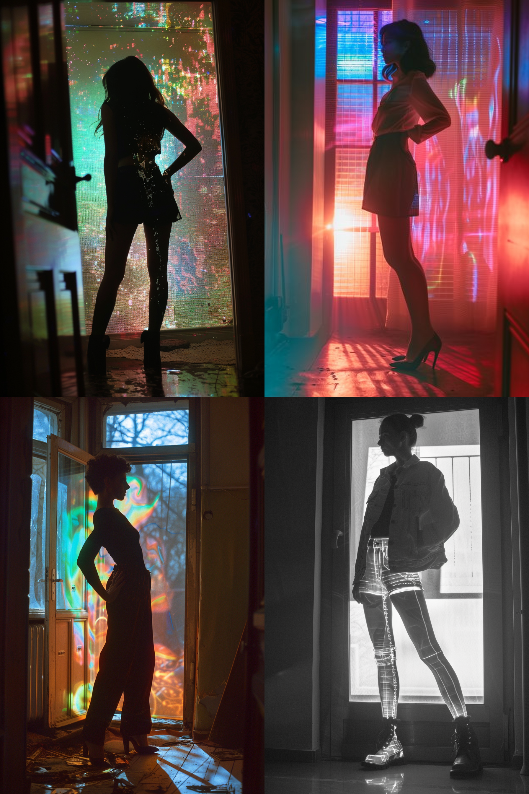 a woman standing in a doorway with her hands on her hips and her legs on the ground, in front of a window, film still, a hologram, ai-mitsu, transgressive art