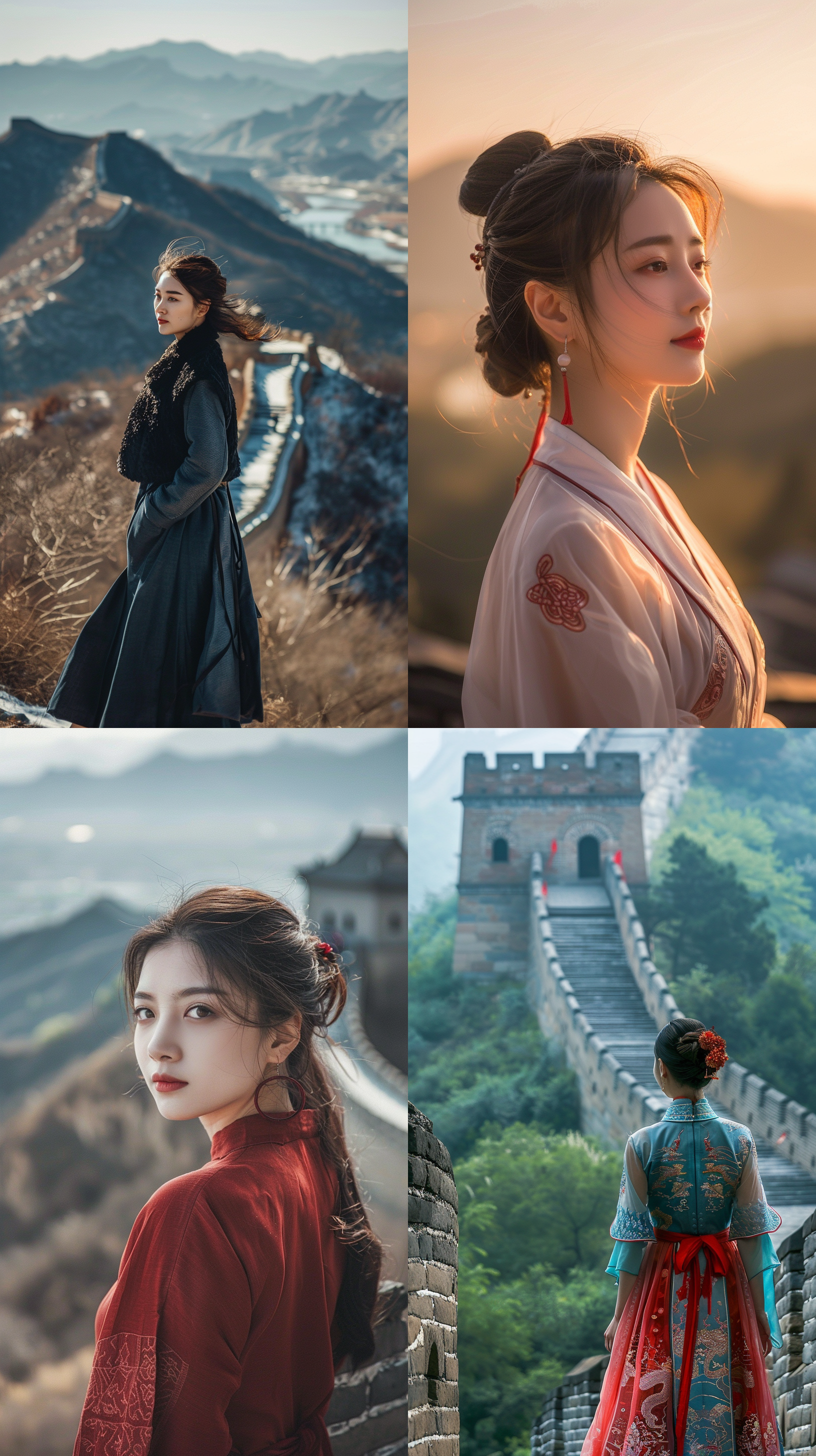 国风美女，八达岭长城，80mm镜头，中景，自信，端庄，细腻，自然光，山川风景，古朴色调。