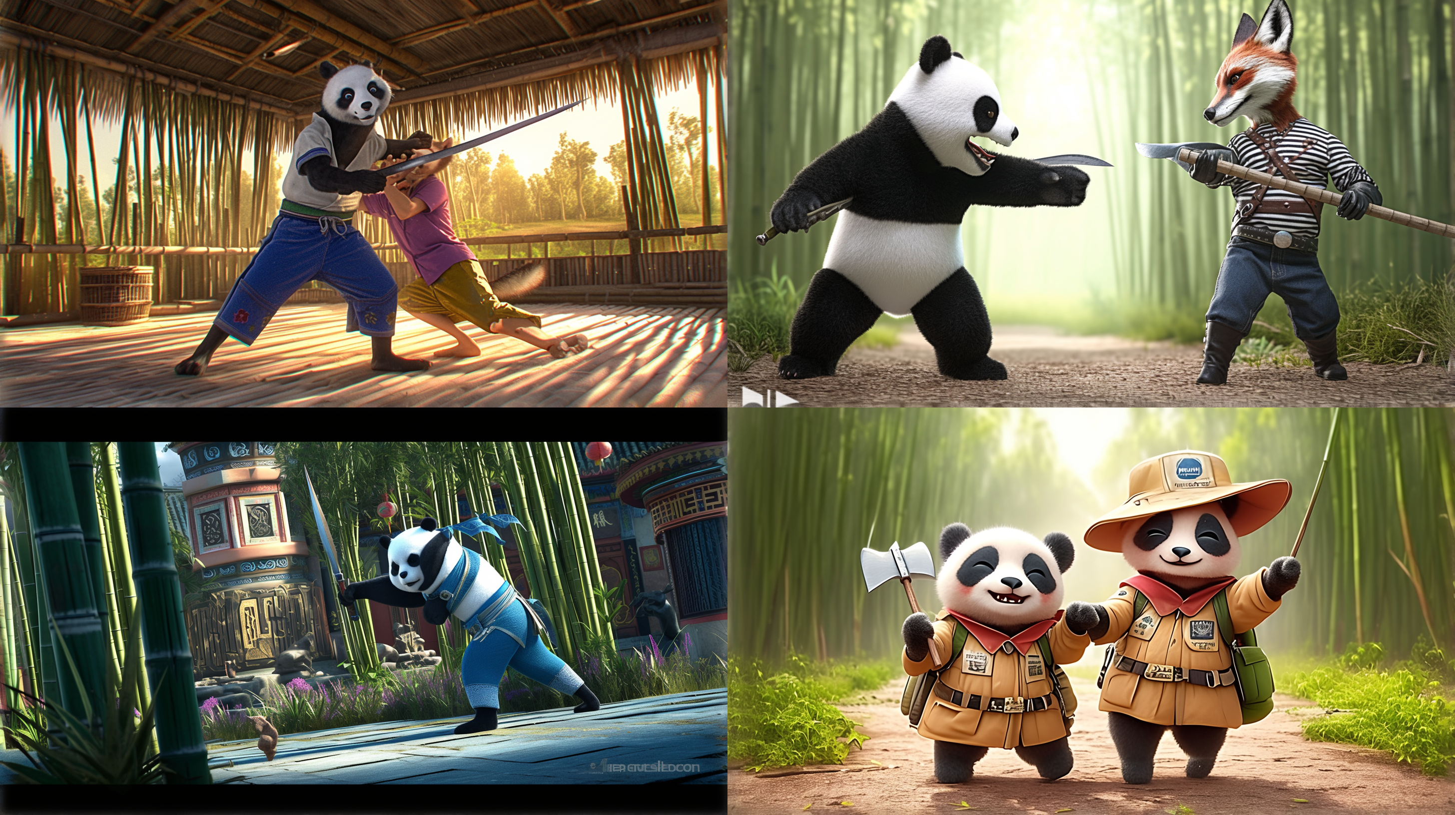 竹林中，熊猫，穿着侠客服，拿着宝剑，站在狐狸身后，狐狸拿着斧头，正在砍竹子，远景全身，3d。