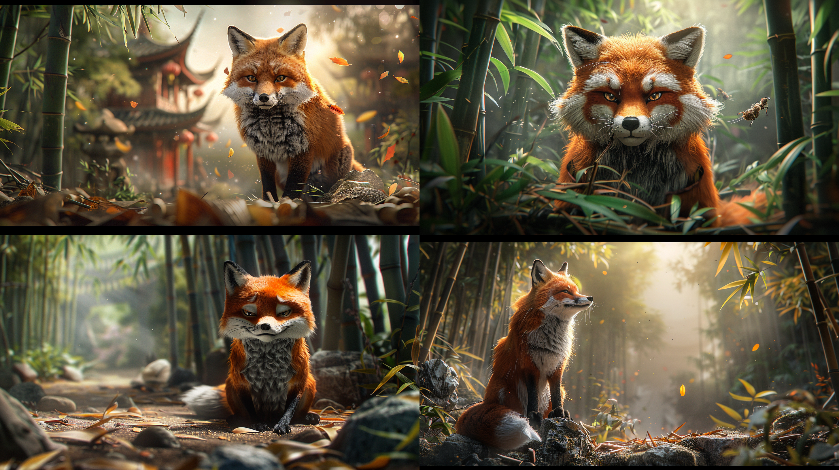 竹林中，狐狸，害怕了，点头哈腰，往后退，远景全身，3d。