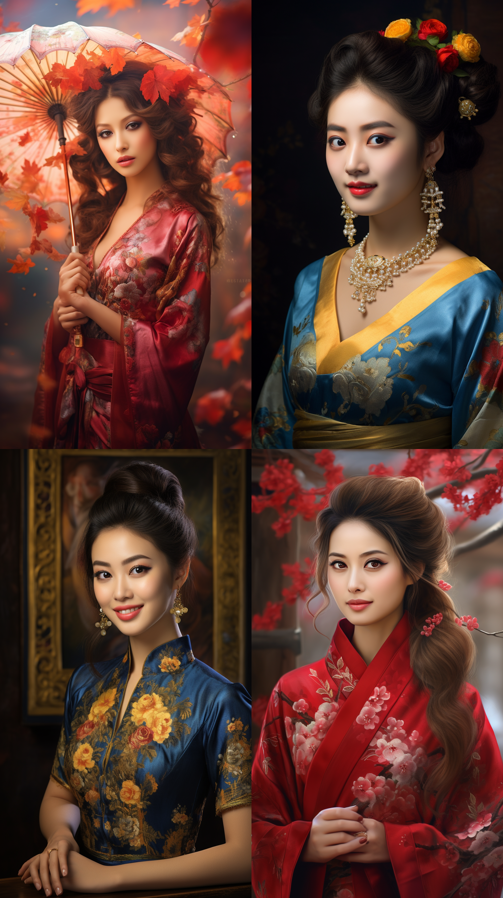 室外拍摄，明亮色调，中国模特穿着古典服装，侧面肖像，柔和光线，中焦镜头，端庄表情，优雅动作，传统元素，油画效果，温暖情感