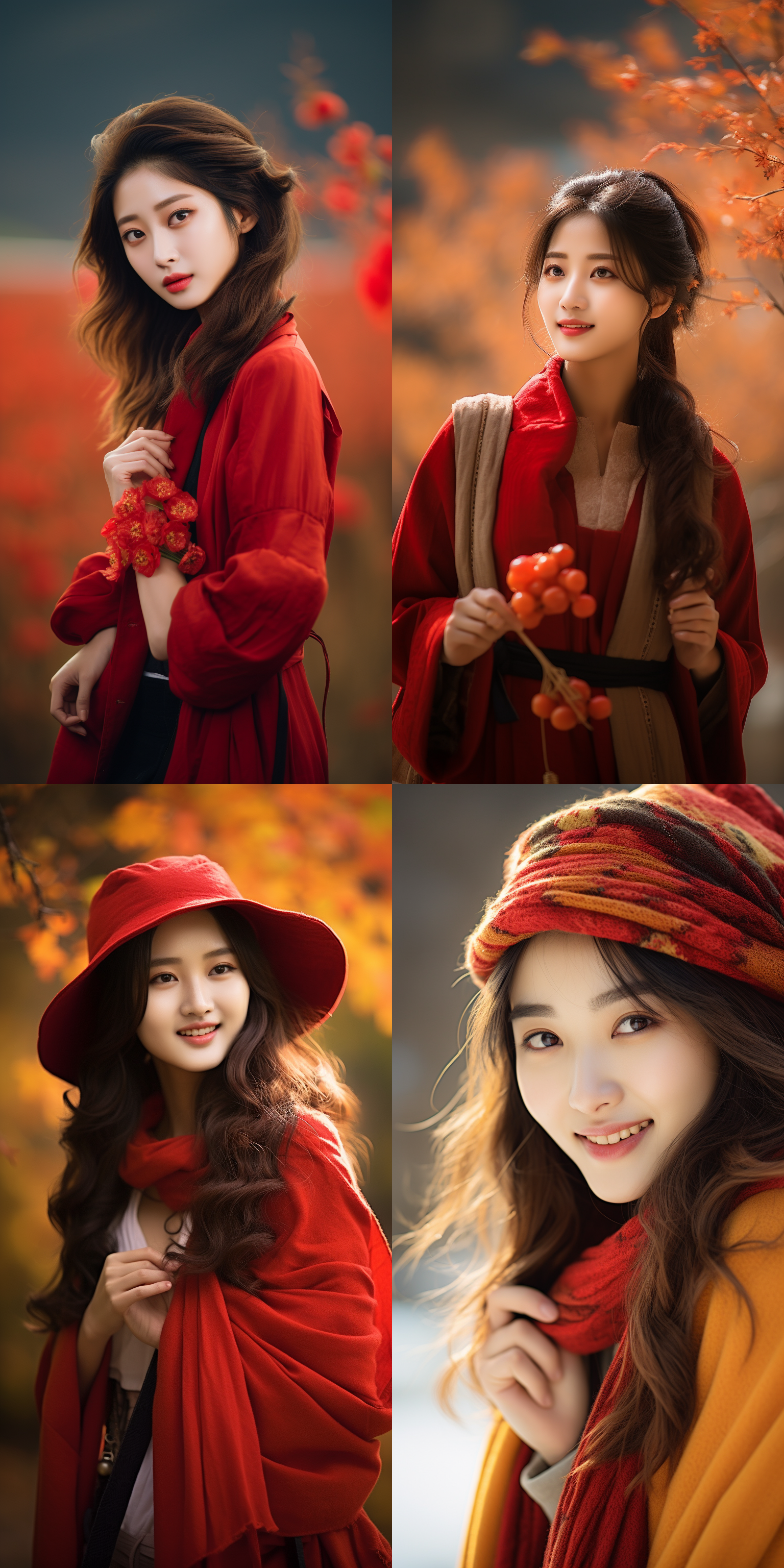 中国美女，微笑甜美，特别漂亮，甜美，户外自然风光，温暖色调，长焦镜头，柔和侧光，自然动作，自然元素，红色服装，温馨，喜悦。