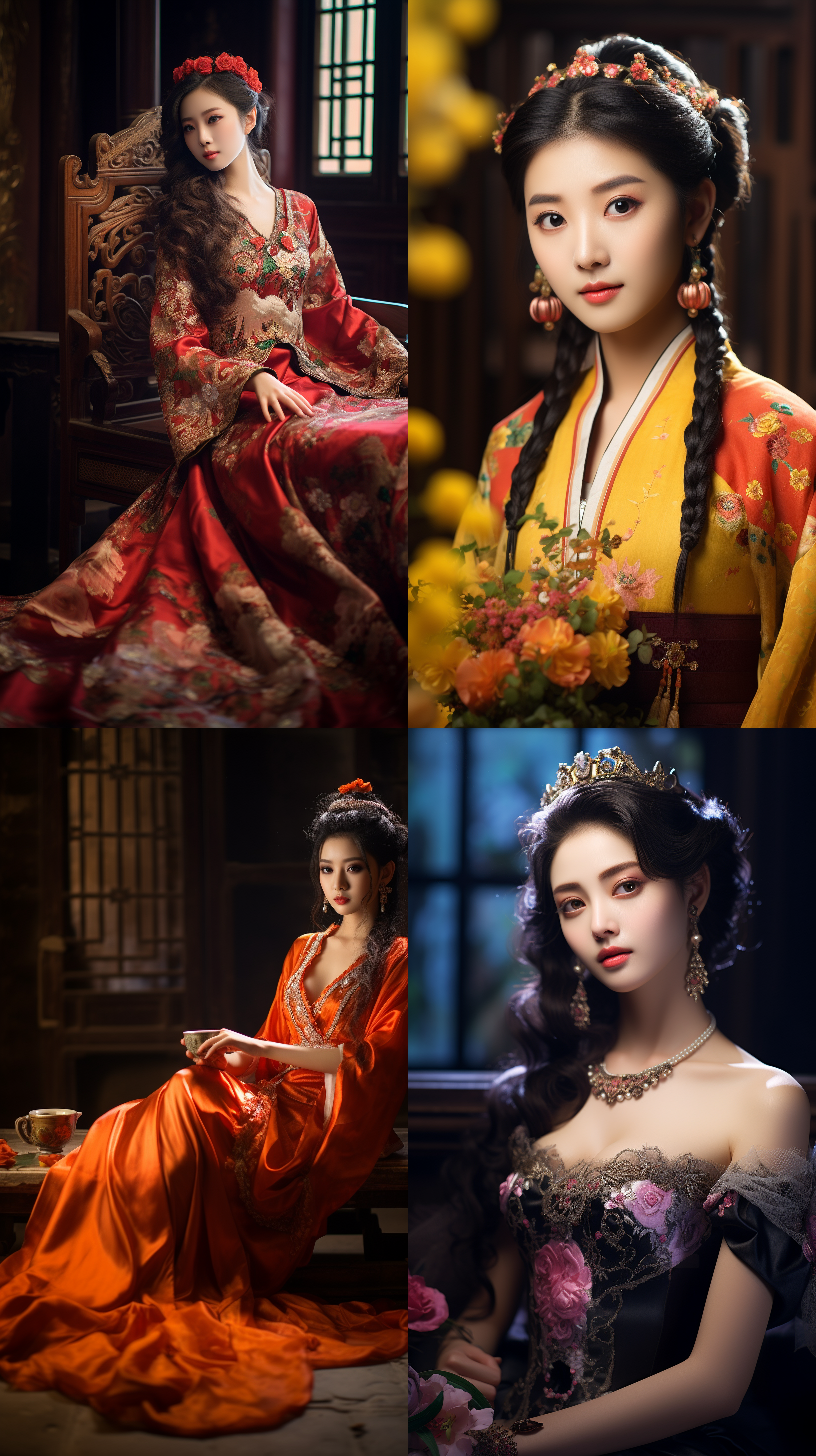 室内拍摄，明亮色调，中国模特穿着古典服装，侧面肖像，柔和光线，中焦镜头，端庄表情，优雅动作，传统元素，油画效果，温暖情感