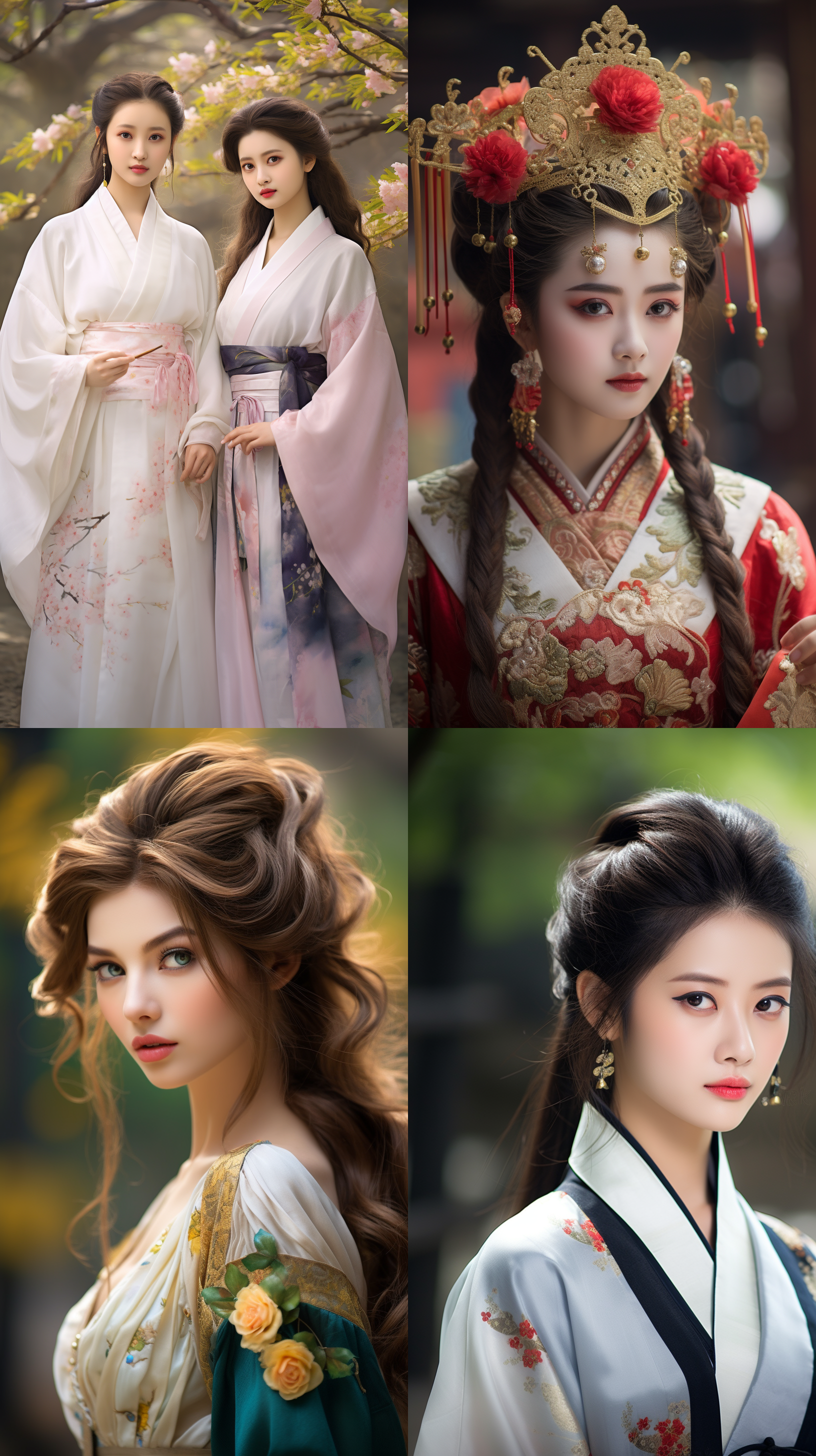室外拍摄，明亮色调，中国模特穿着古典服装，侧面肖像，柔和光线，中焦镜头，端庄表情，优雅动作，传统元素，油画效果，温暖情感