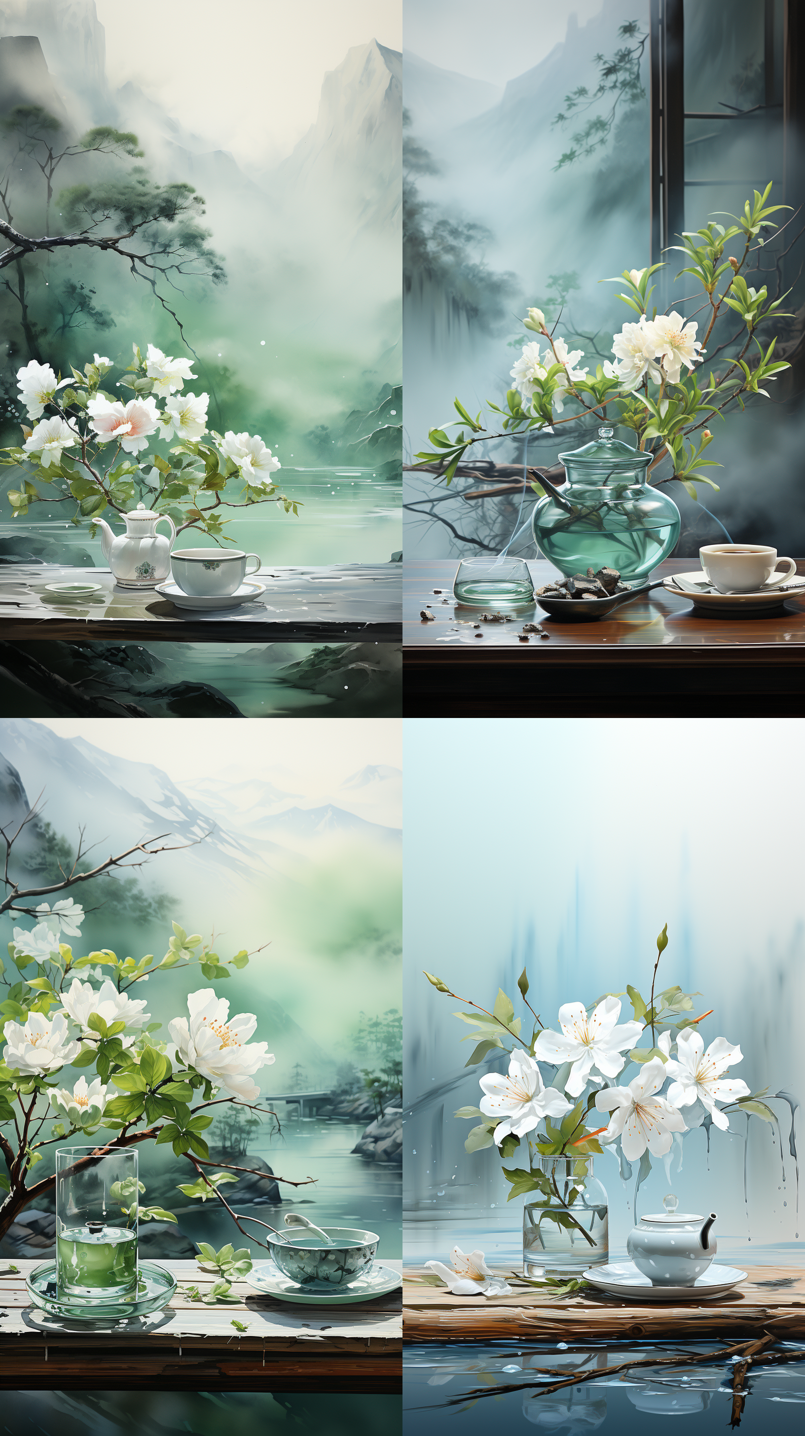 中国风，极简水墨画，木桌上一杯热茶，升腾起炫彩的弧形烟波光线，光线上方只有一朵水仙花，花朵上水珠儿晶莹剔透，背景纯色，干净清透， 晨雾中 人物视角 水绿