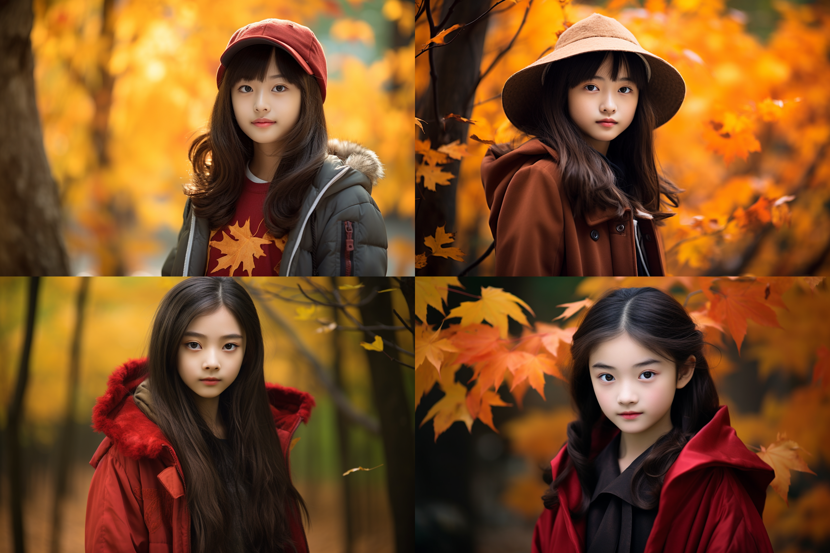12岁中国女孩,肖像镜头，枫林背景