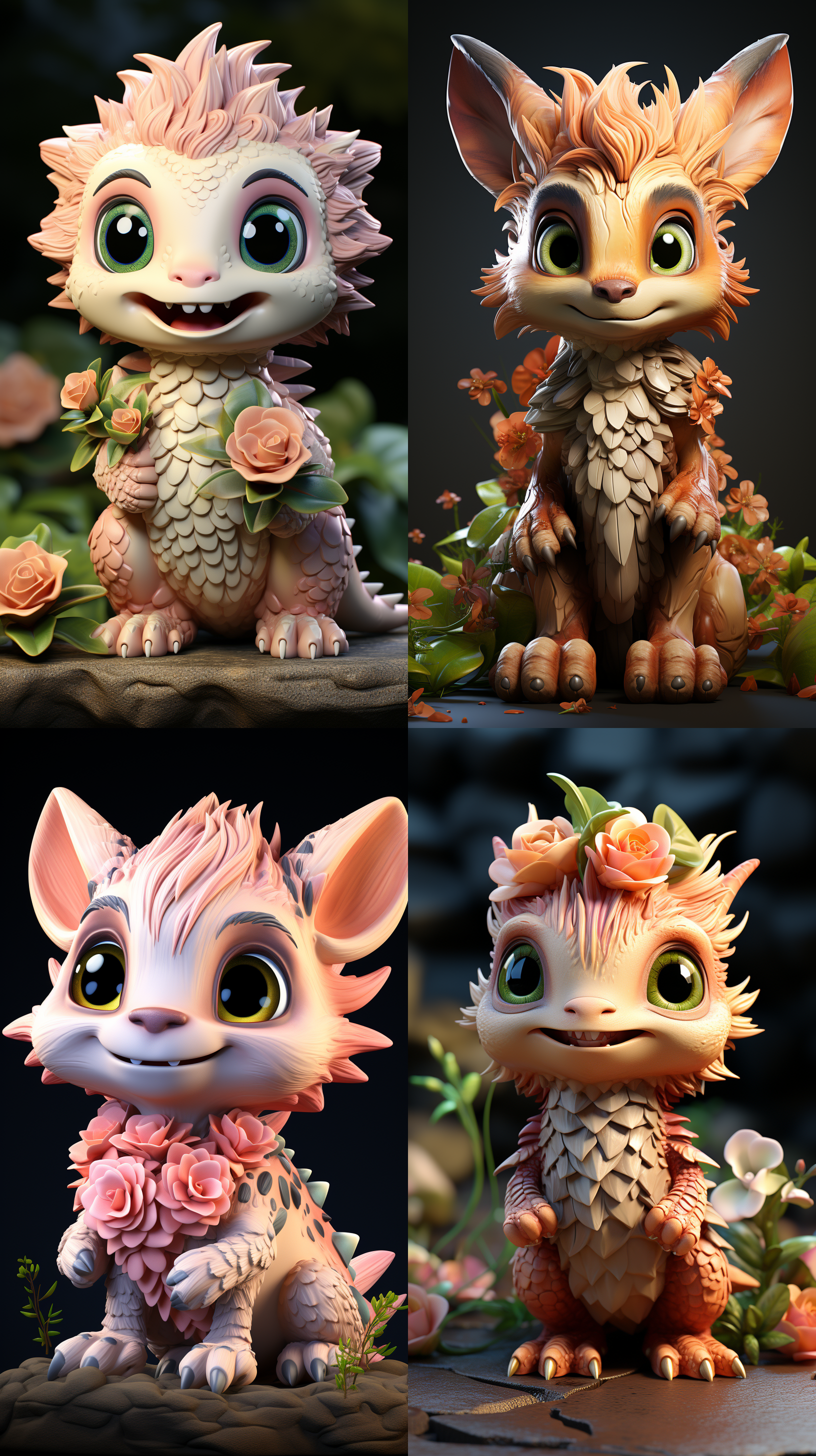 q-version cute dragon baby, red cliff, with green leaves and pink flowers on the body, photographed all over, cartoon image, three views generated front view, side view, back view, maintaining consistency and uniformity, colored eyes, ears and corners, wings, natural lighting, super detailed, white background, c4d, 2d rendering, bubble mat,