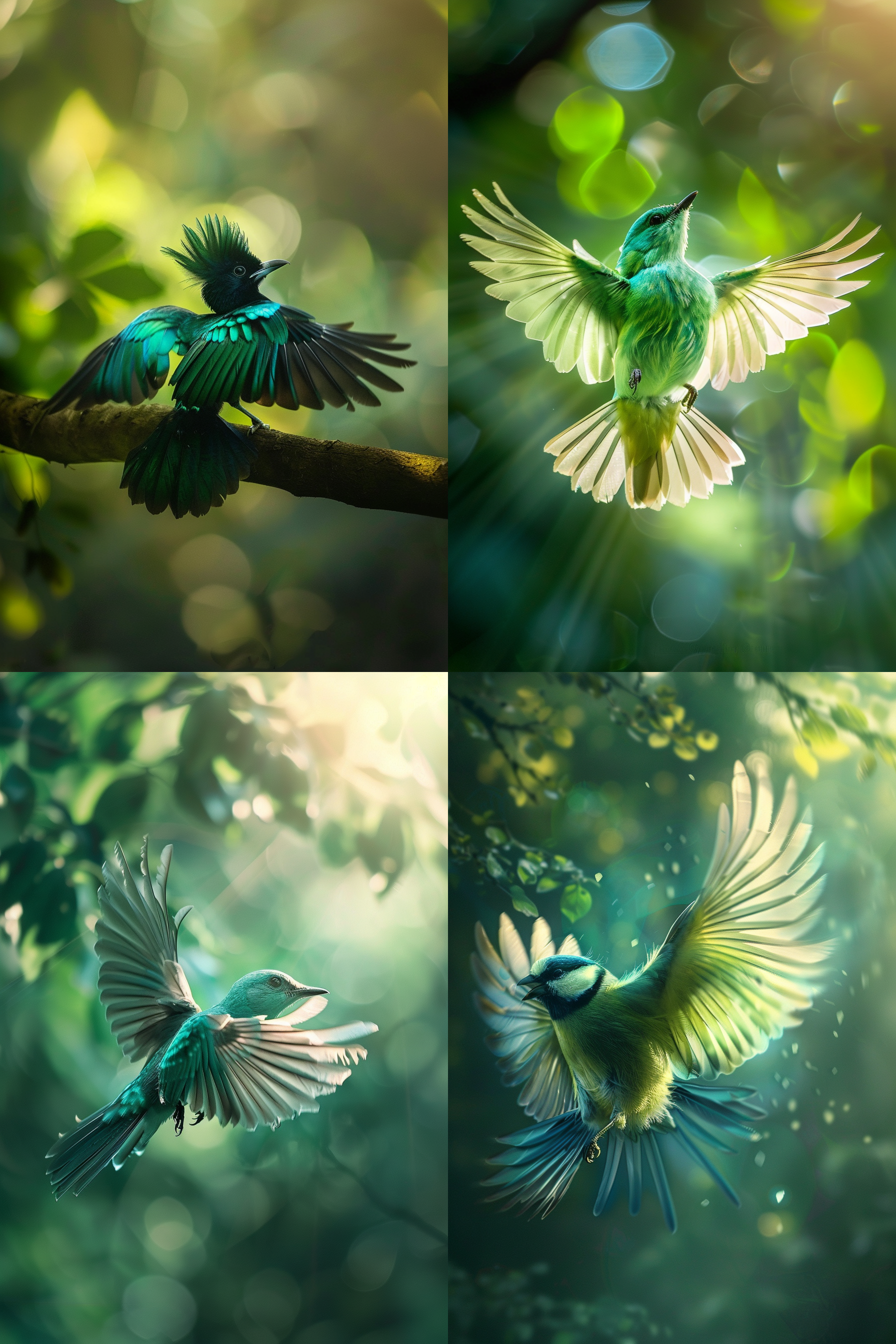 笑翠鸟展翅飞行，满幅构图，自然环境，明亮色彩，长焦镜头，动态模糊，逆光，飘逸动作，细节羽毛，蓝绿色调，自由飞翔，喜悦。 森林 环境光