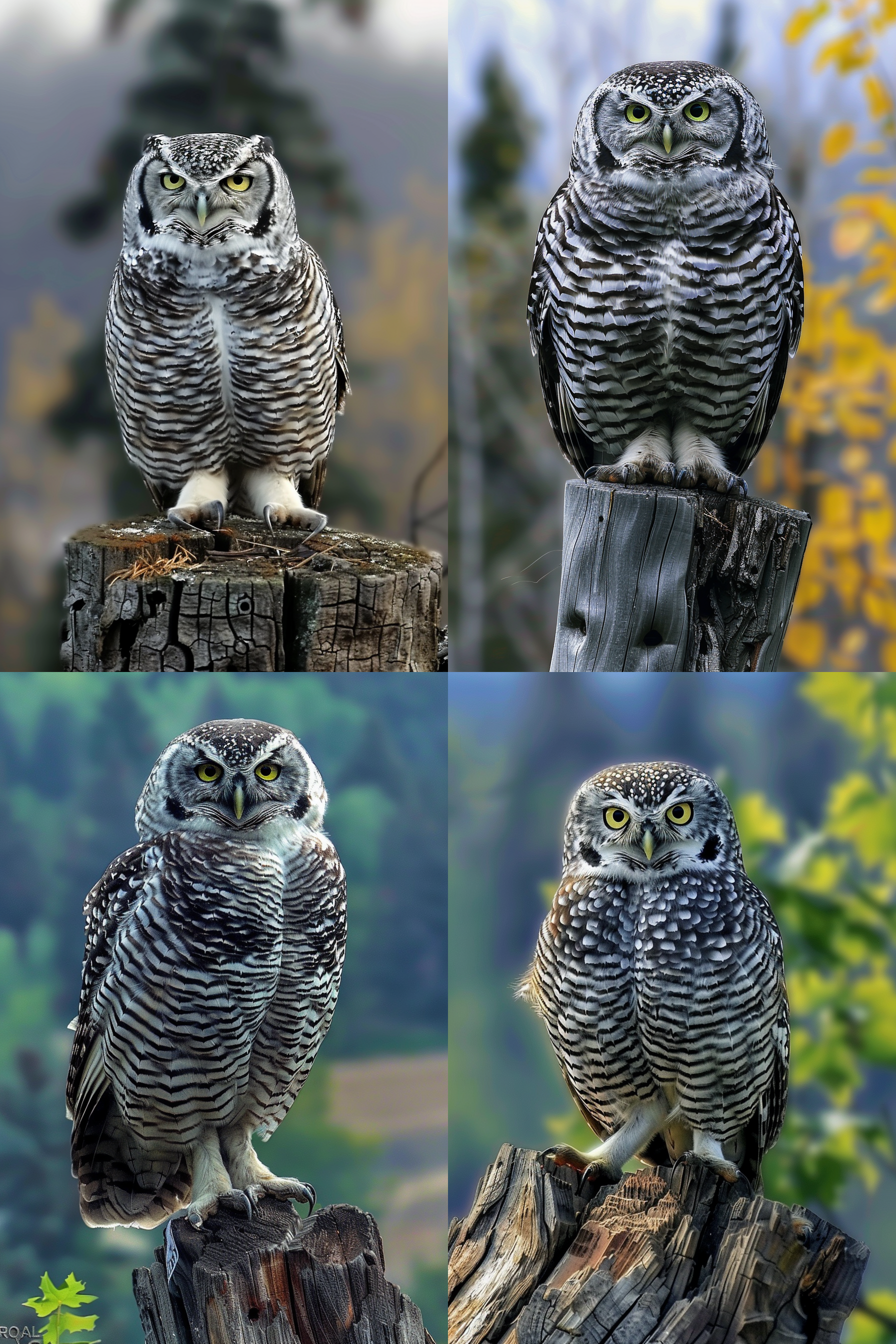 猛鸮站树桩，古老森林，全息五彩，远处朦胧，长焦镜头，逆光，凝视，神秘。 森林 环境光