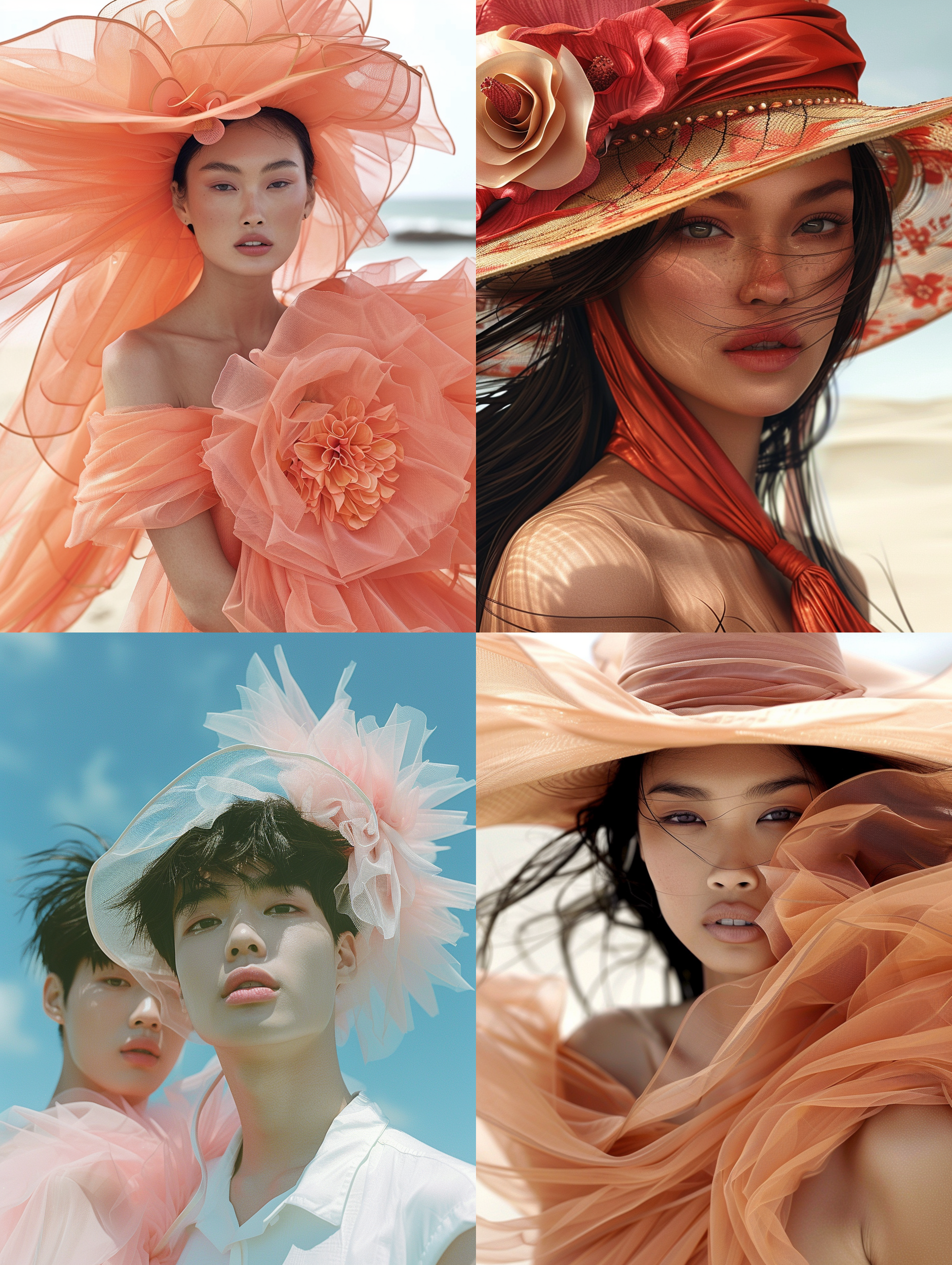 （一男一女：1.5），超模，亚洲人，华丽的服装，帽子，沙漠，铺满大花朵和绸缎，时尚杂志拍摄，逼真的摄影风格，丰富细节