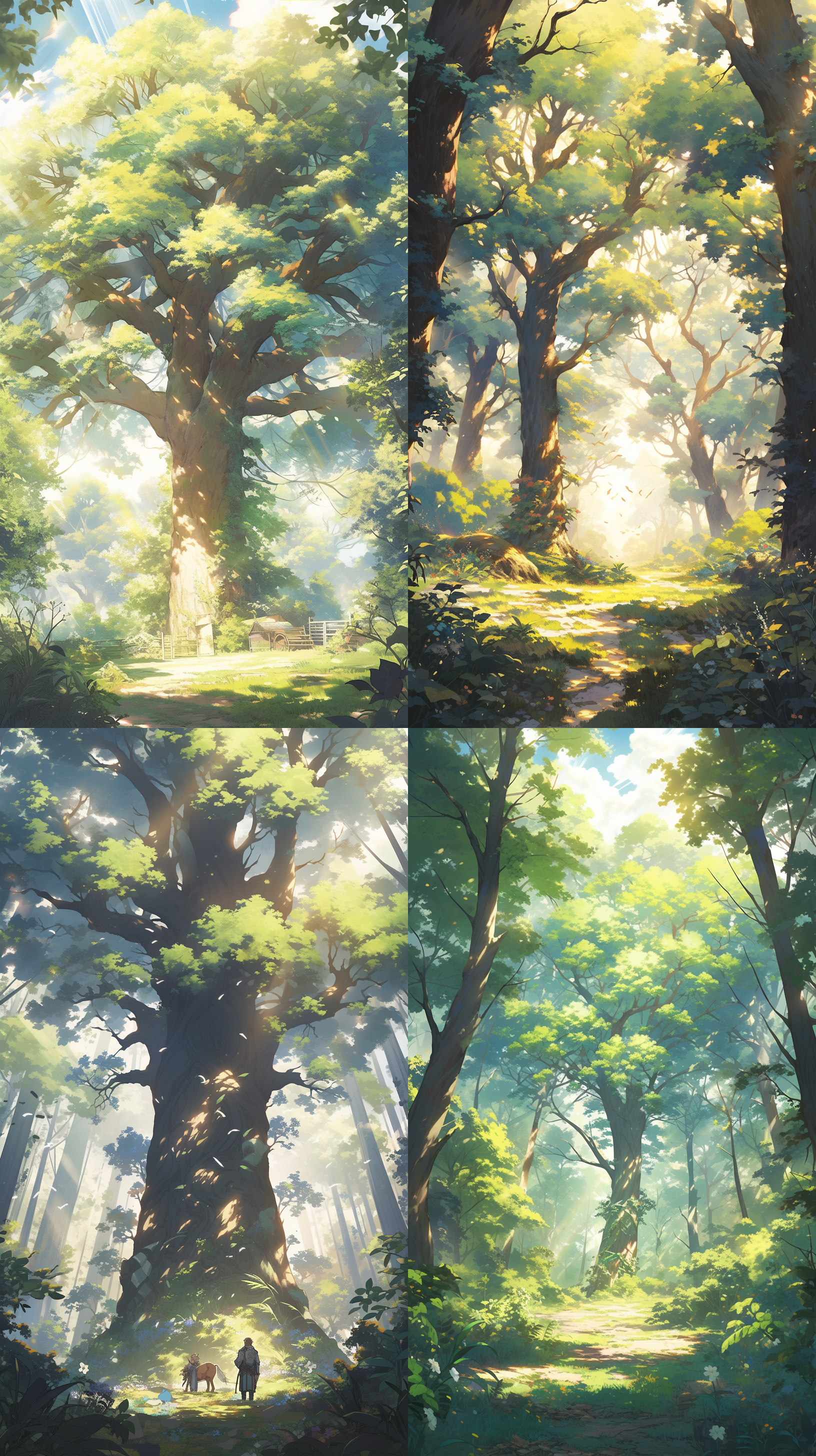 参天大树，森林深处，阳光透过树叶洒下，巨大树干纹理清晰可见，树梢苍翠茂盛，迷人风景。自然光，细节丰富，绿色调，树影斑驳，宁静祥和。