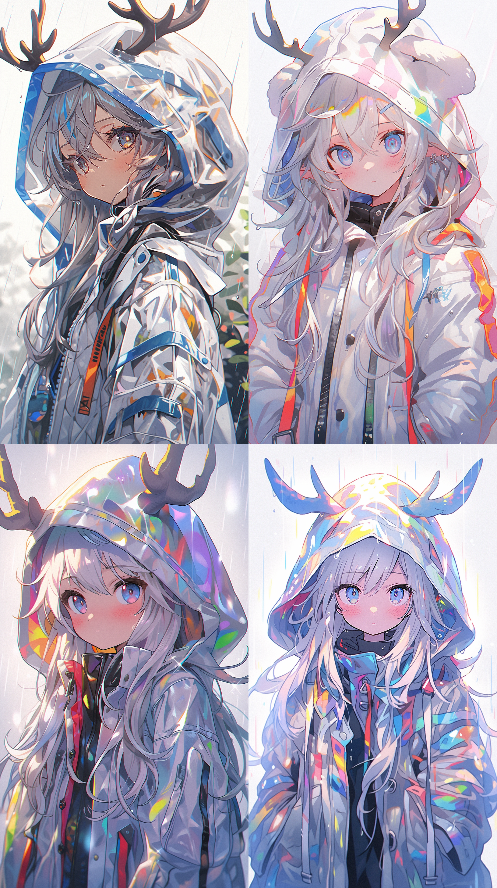 一个可爱的鹿角女孩穿着雨衣，彩虹不透明薄膜rgb，蓝紫色彩虹雨衣，浅紫色，干净的背景，全身，宫崎骏