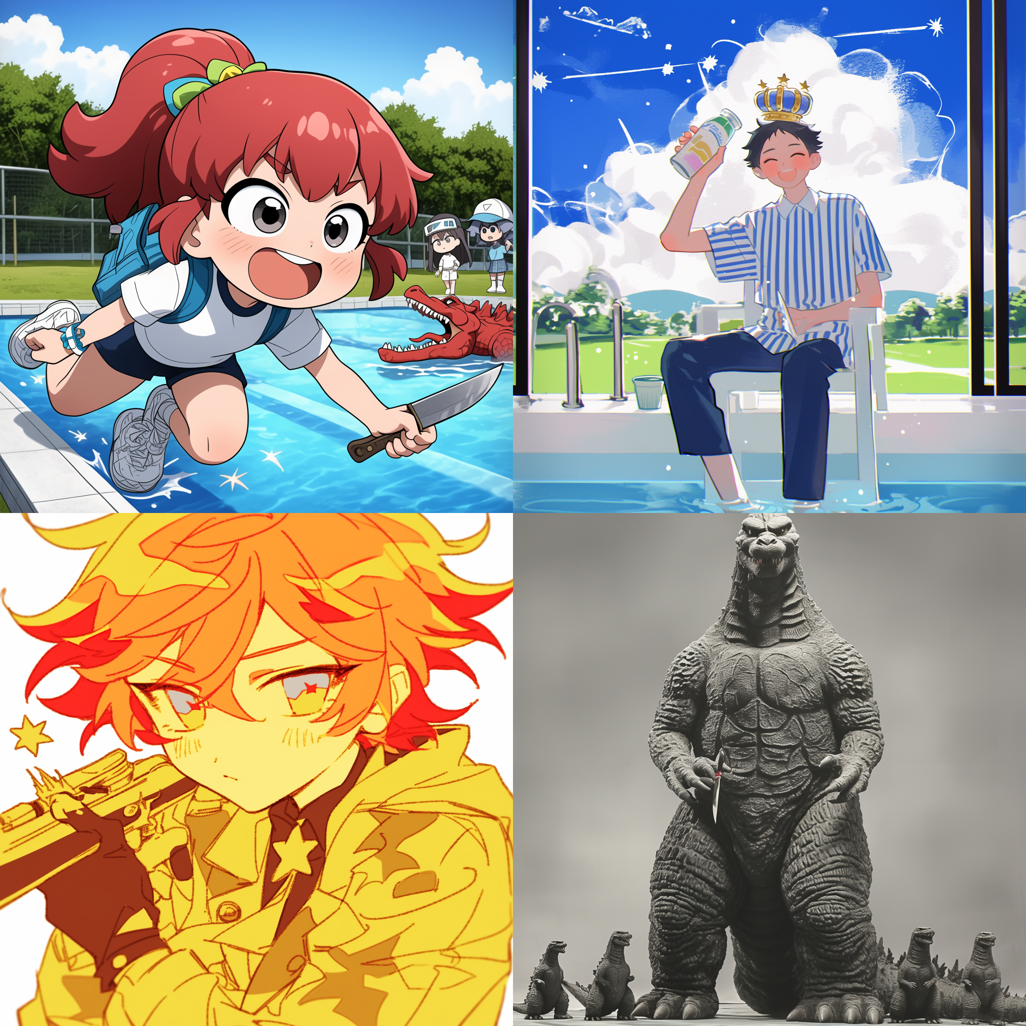 火灾，爆炸，游泳池，水上火花四溅，火星红光，晴天，蜡笔小新拿着屠龙刀和哪吒一起打哥斯拉